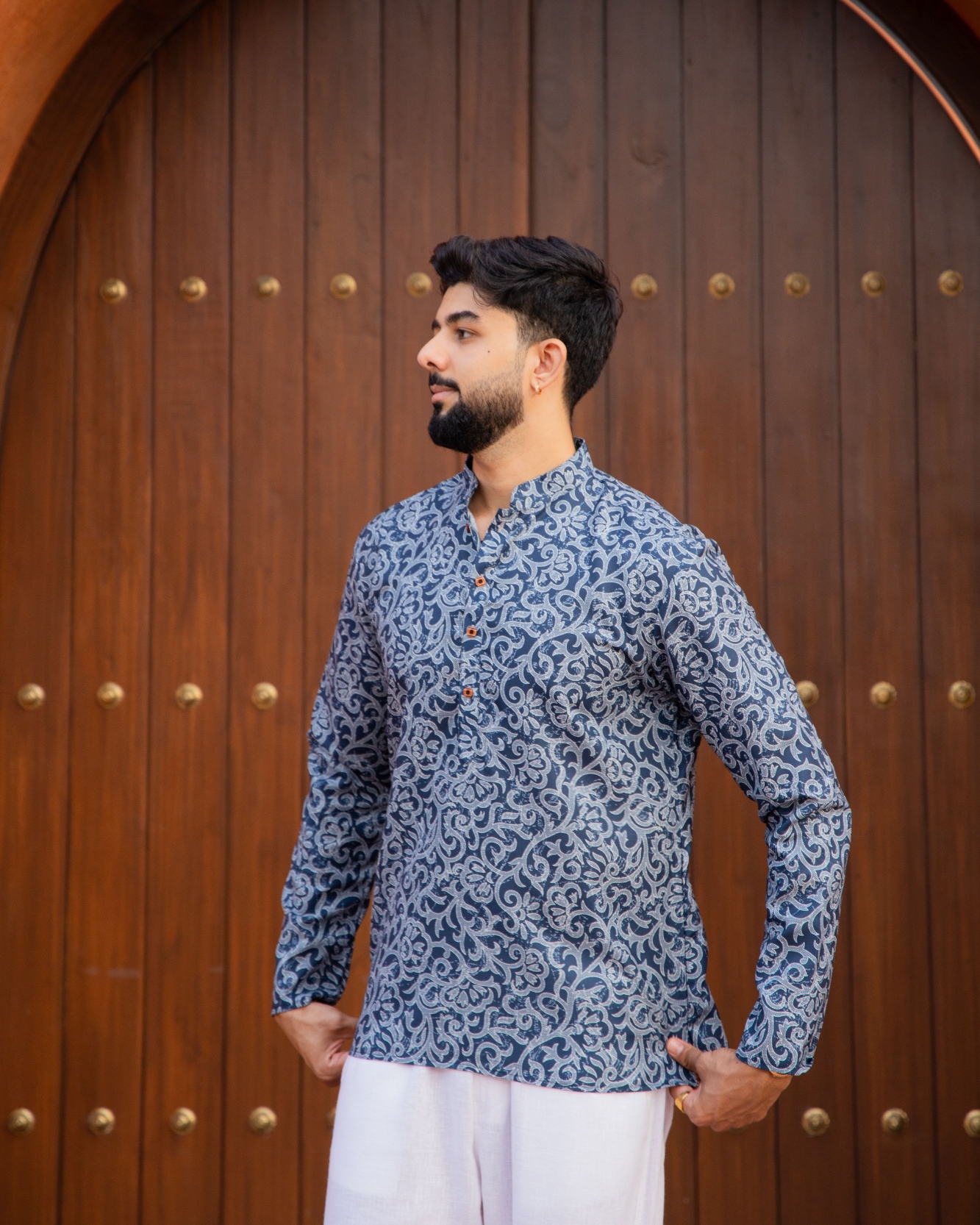 Blue Heritage Motif Printed Swiss Linen Short Kurta