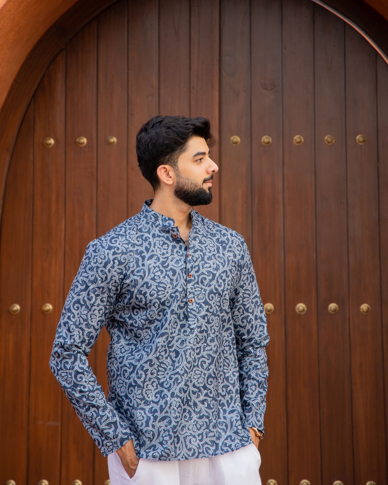 Blue Heritage Motif Printed Swiss Linen Short Kurta