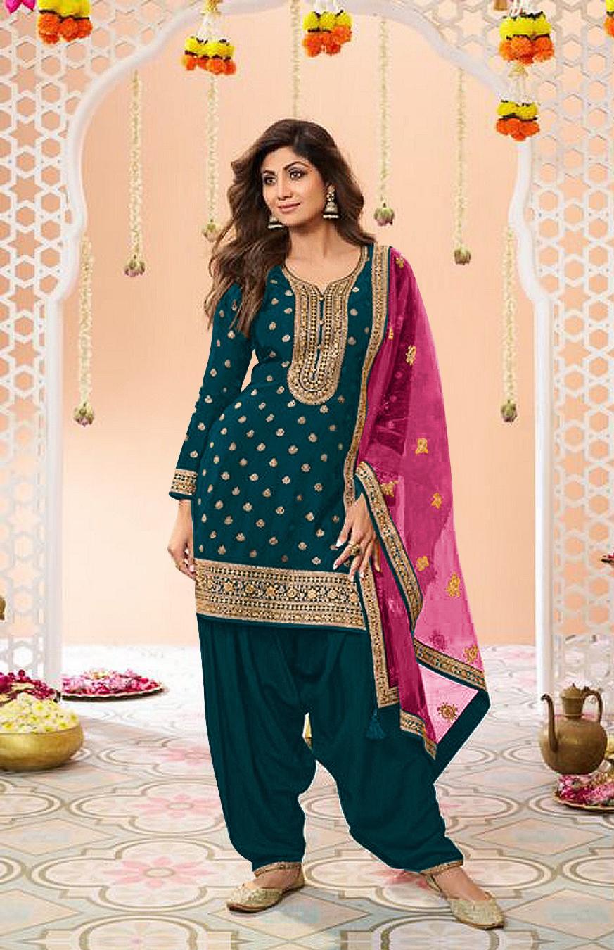 Blue Jacquard Silk Patiala Suit
