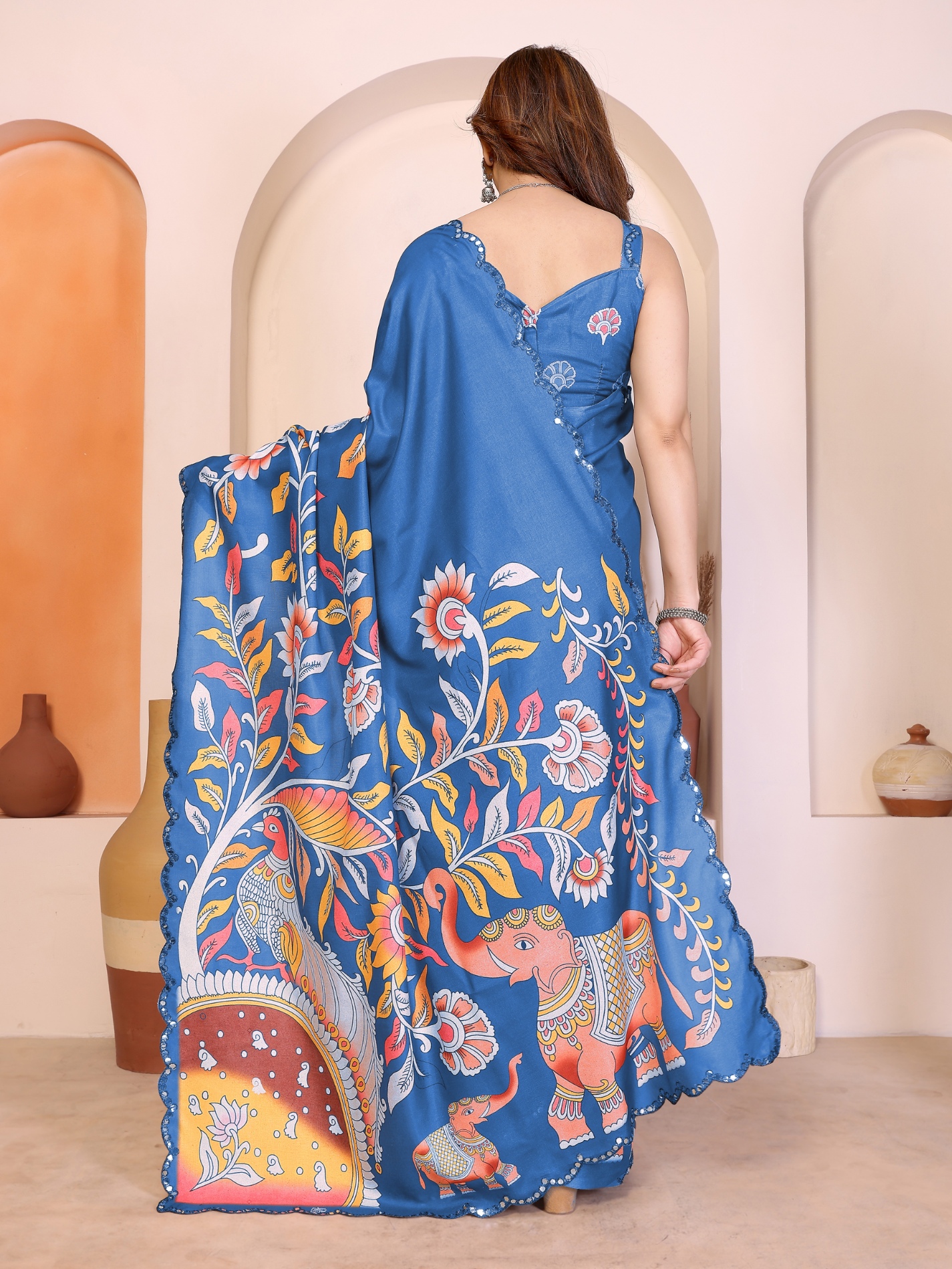Blue Kalamkari Digital Print Manipuri Silk Party Wear Saree — alternate view