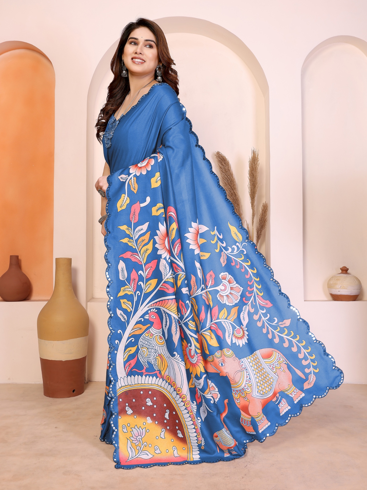 Blue Kalamkari Digital Print Manipuri Silk Party Wear Saree