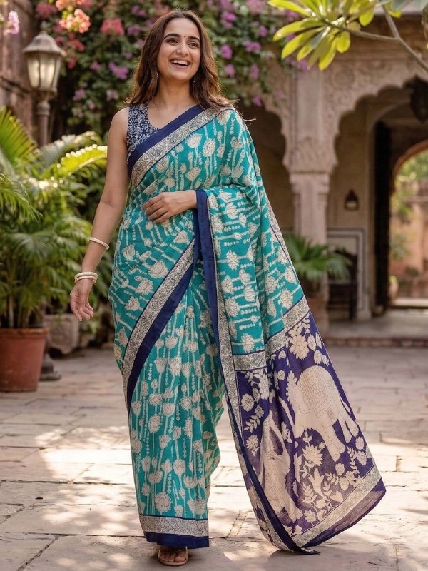 Blue Kalamkari Ethnic Motif Mulmul Cotton Saree