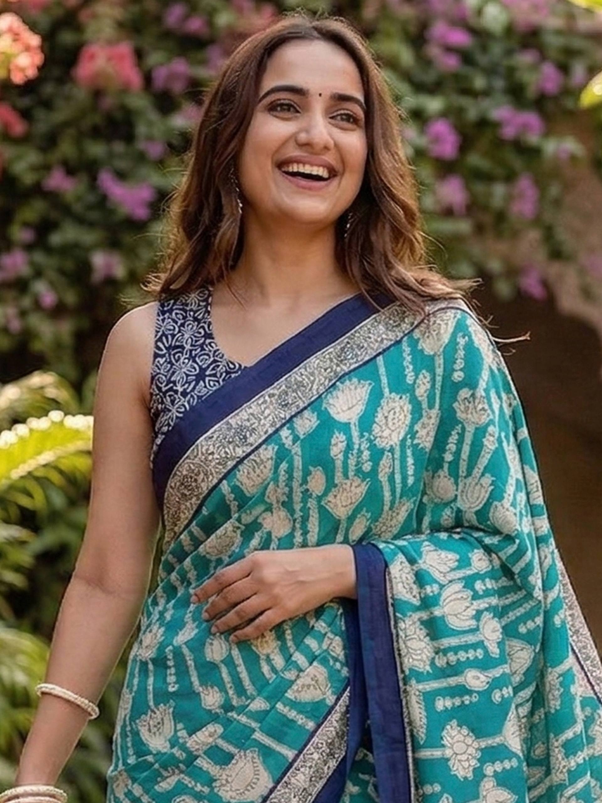 Blue Kalamkari Ethnic Motif Mulmul Cotton Saree