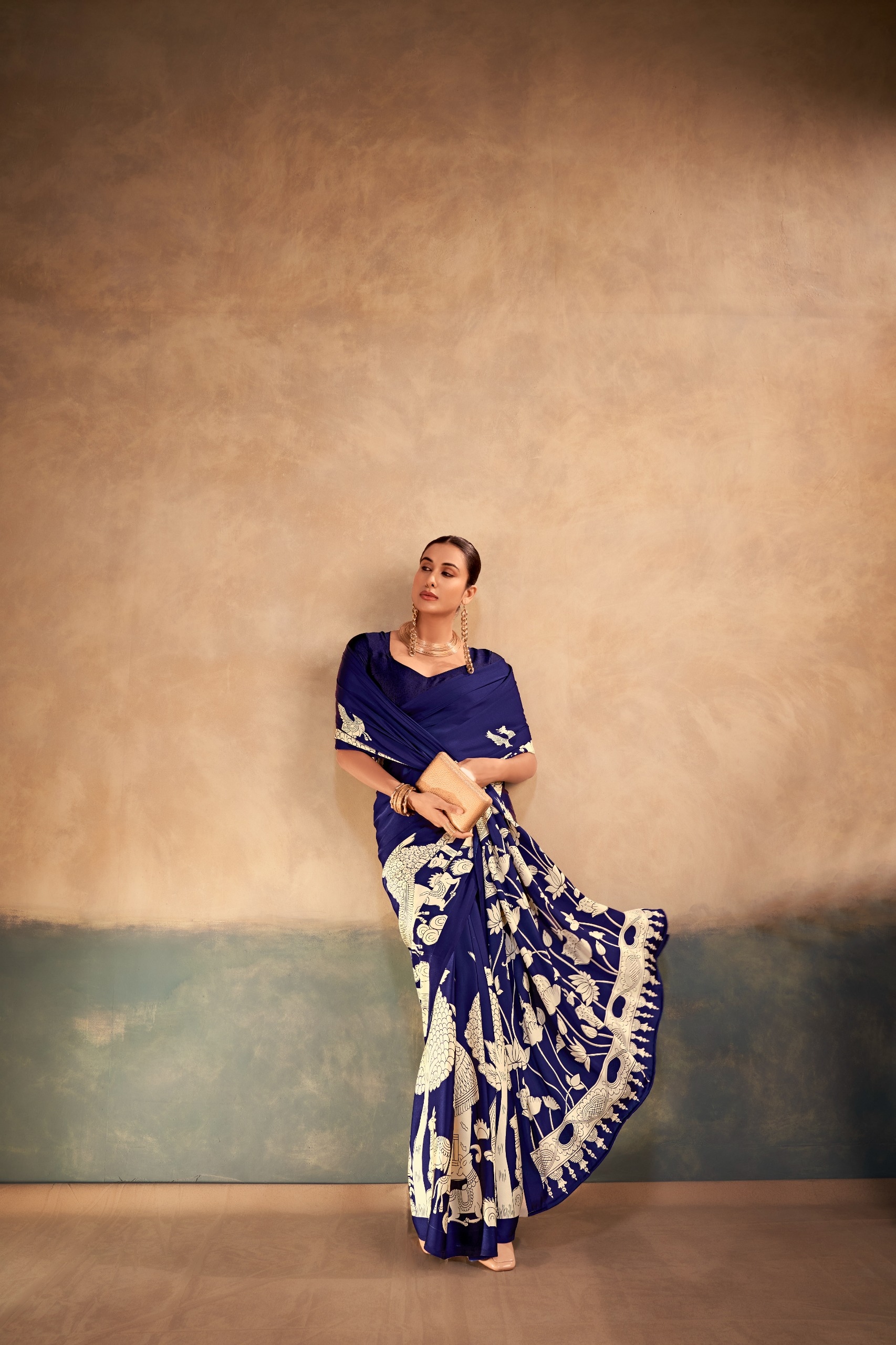 Blue Kalamkari Satin Silk Saree