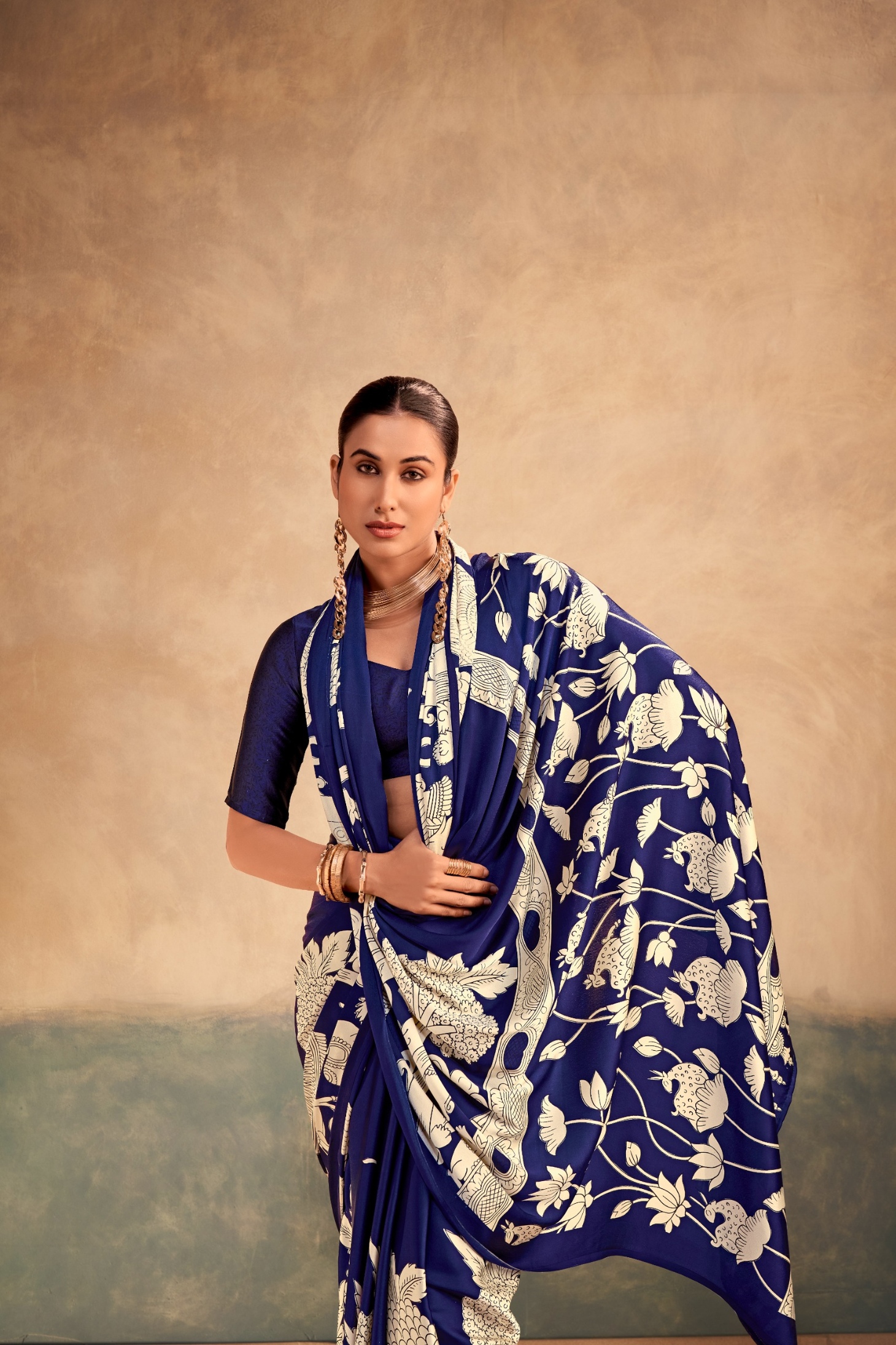 Blue Kalamkari Satin Silk Saree — alternate view