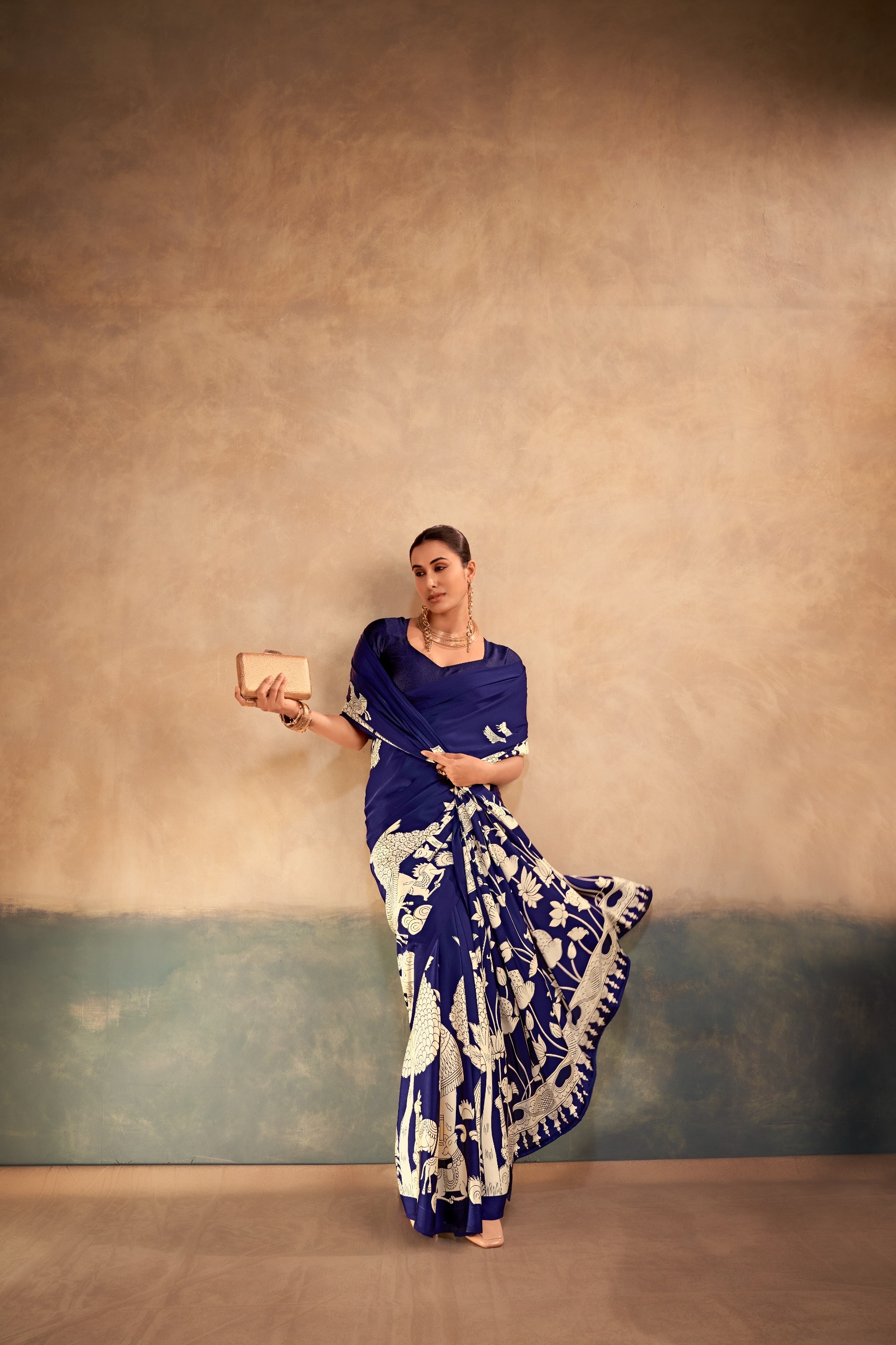 Blue Kalamkari Satin Silk Saree