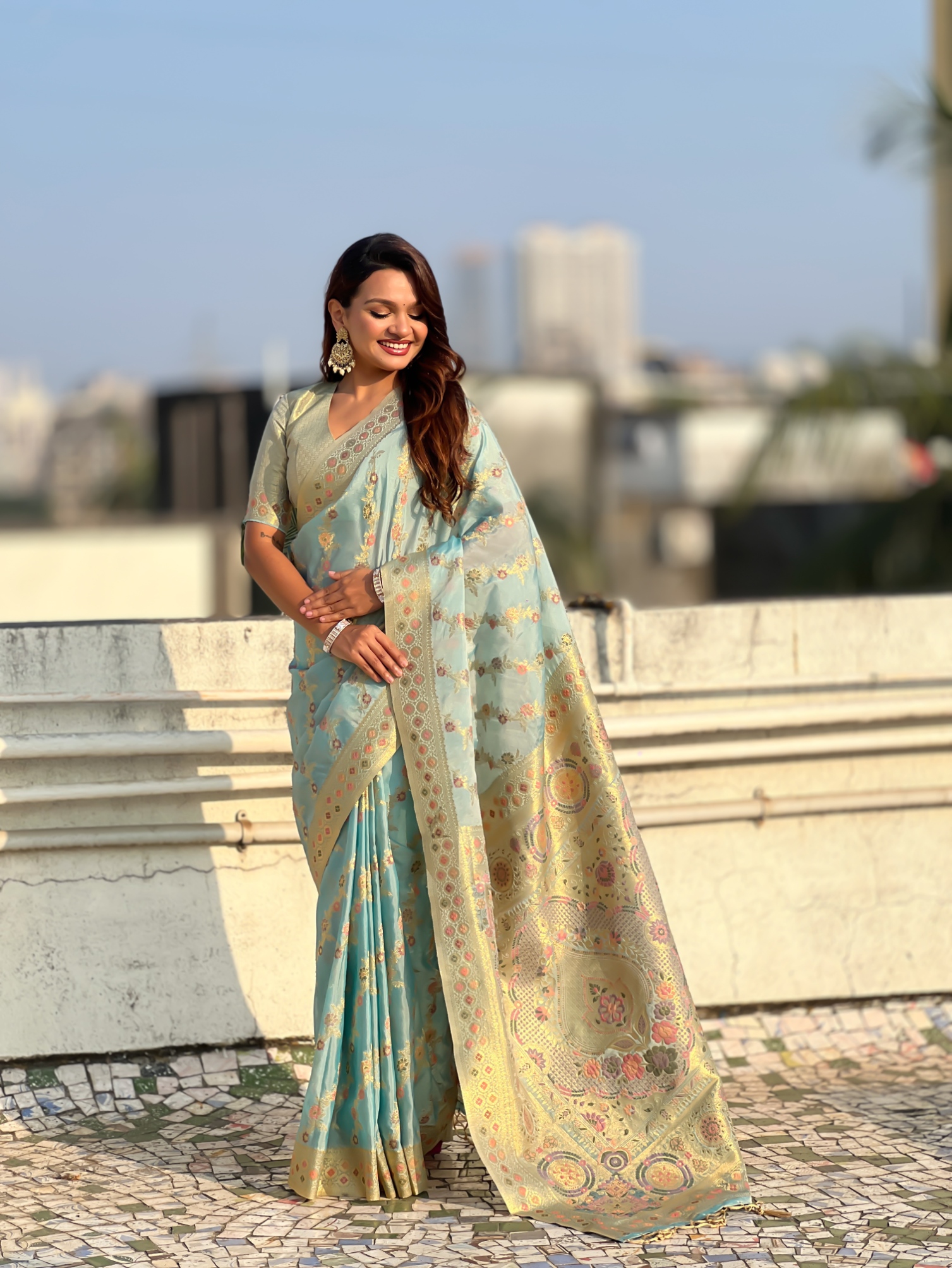 Blue Kora Silk Woven Geometric Saree