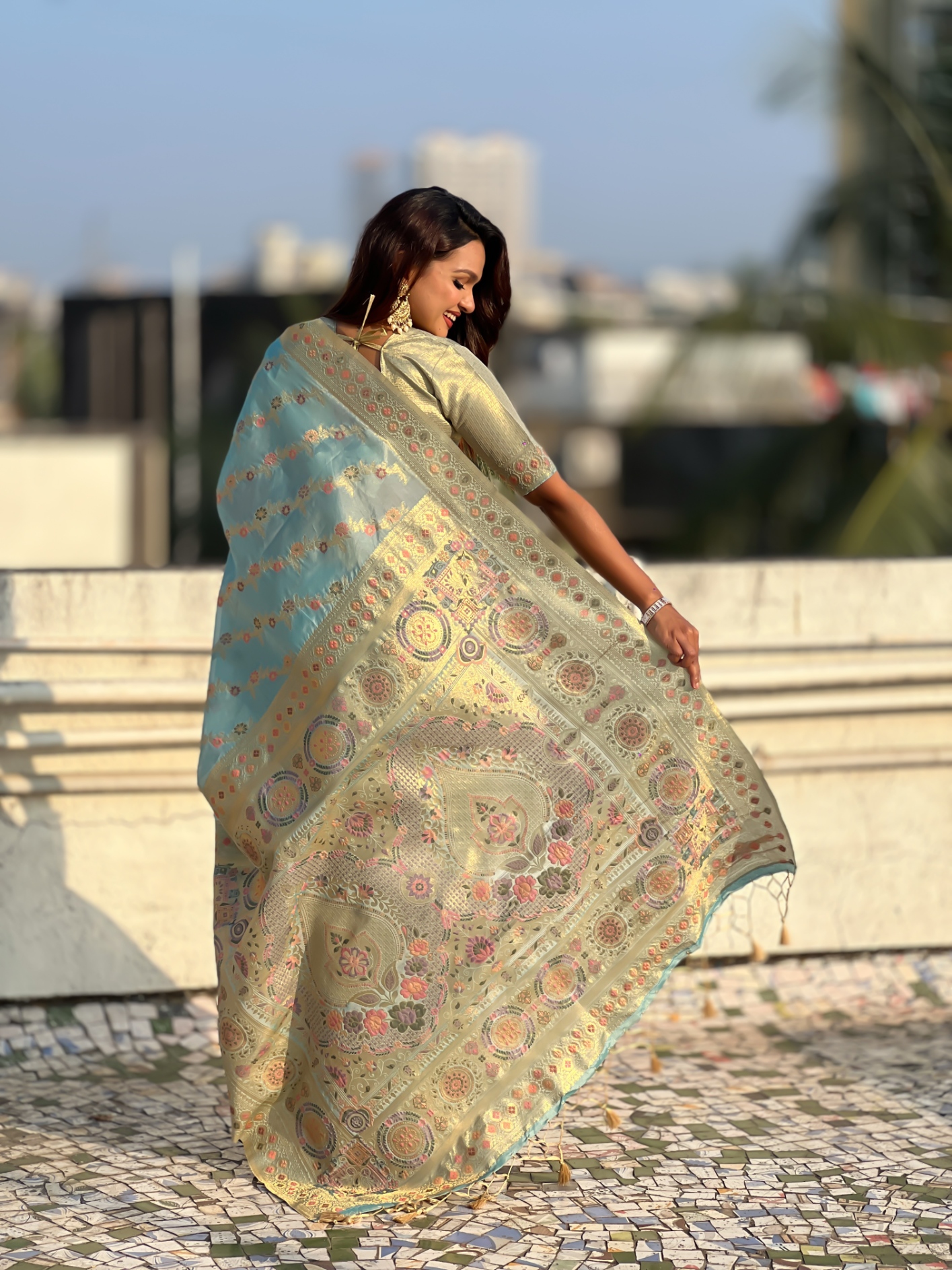 Blue Kora Silk Woven Geometric Saree — alternate view