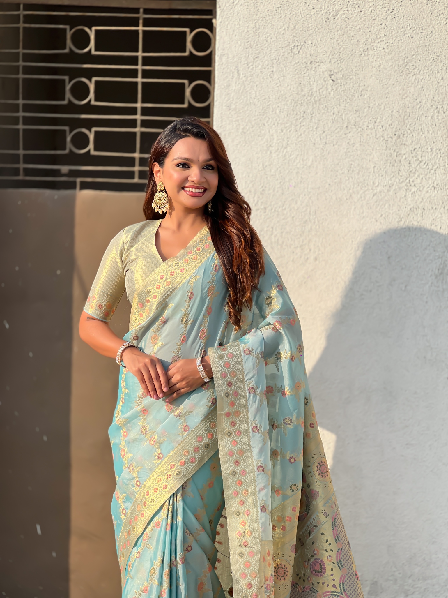 Blue Kora Silk Woven Geometric Saree