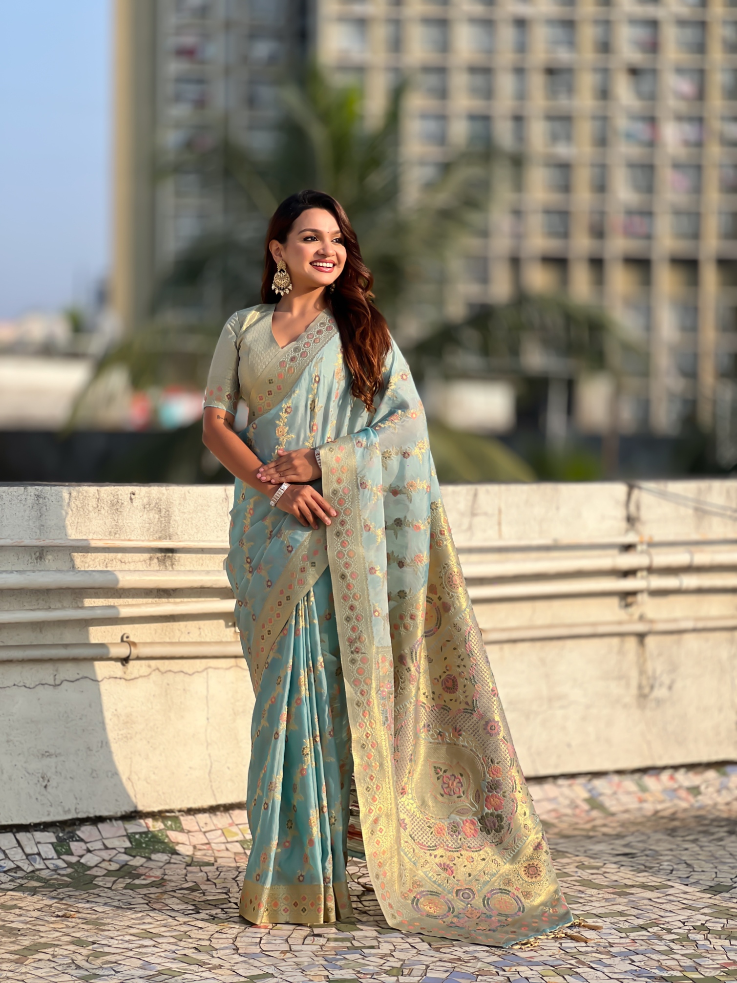 Blue Kora Silk Woven Geometric Saree