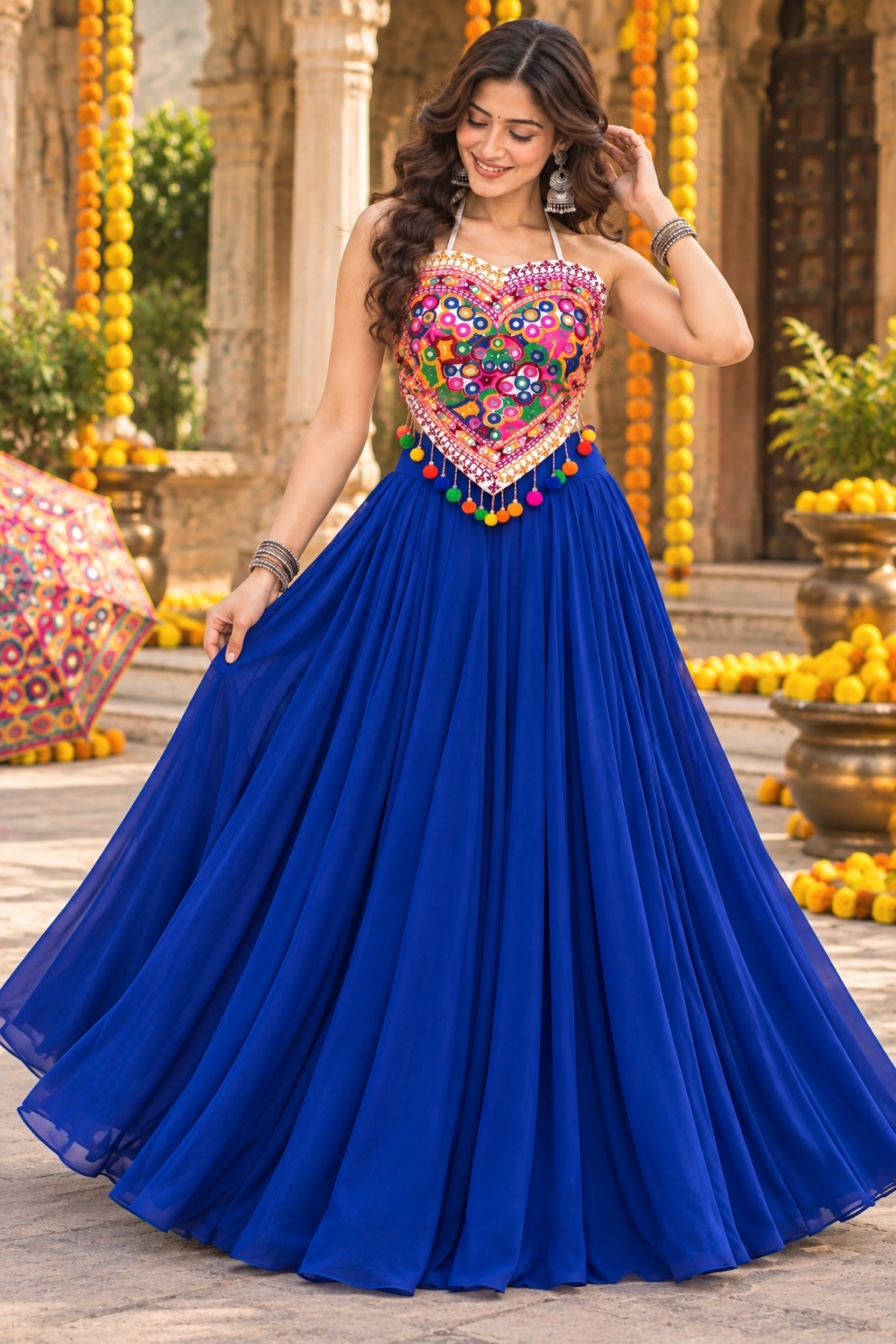 Blue Kutch Mirror Embroidered Georgette Lehenga Choli