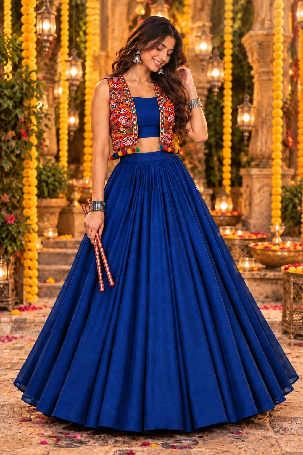 Blue Kutch Mirror Embroidered Georgette Lehenga Choli Square-Neck