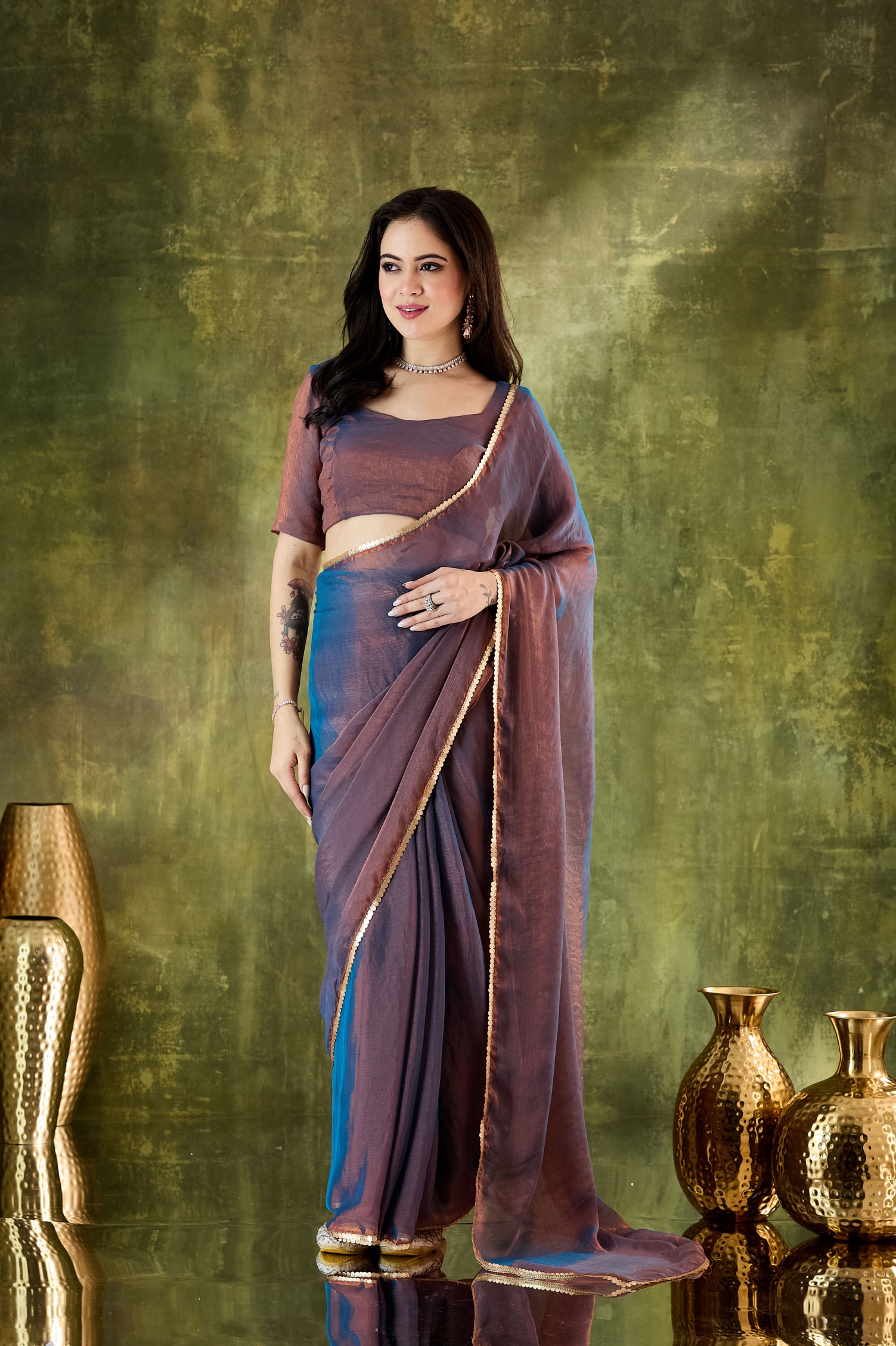 Blue Lace Silk Blend Designer Ready To Wear Saree