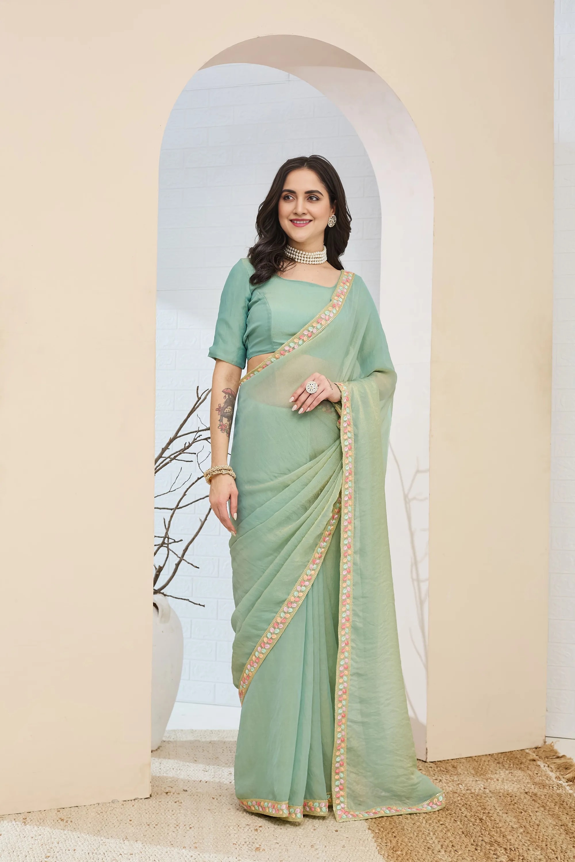 Blue Lace Silk Blend Ready To Wear Saree