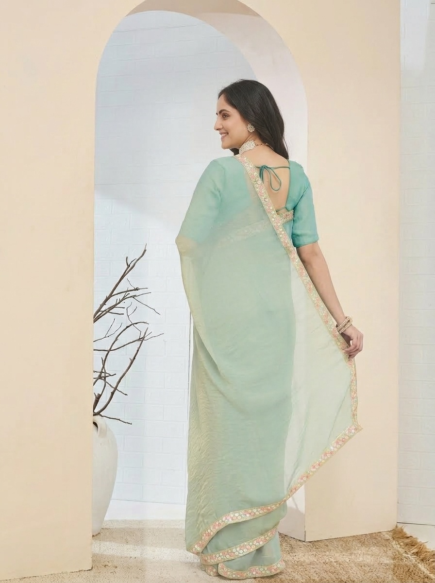 Blue Lace Silk Blend Ready To Wear Saree — alternate view
