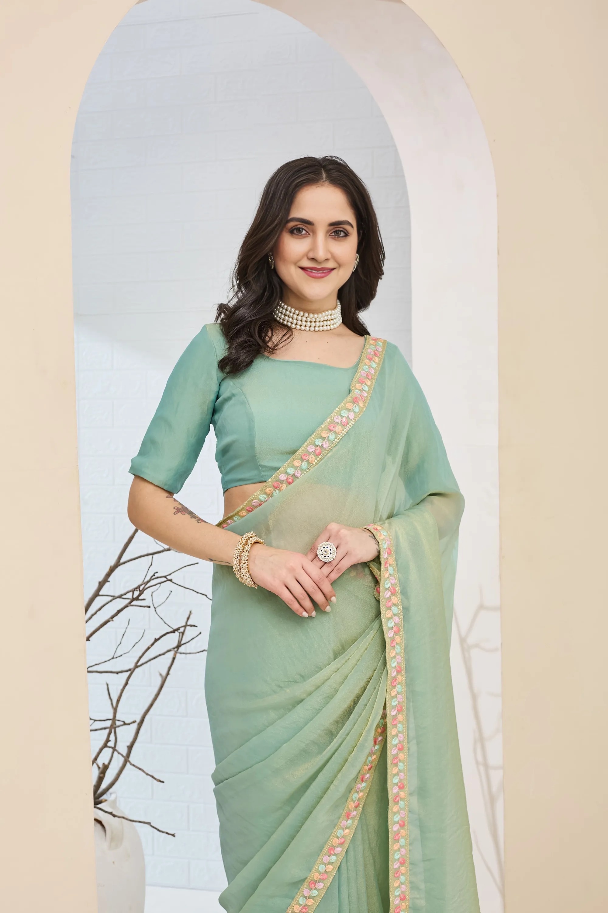 Blue Lace Silk Blend Ready To Wear Saree