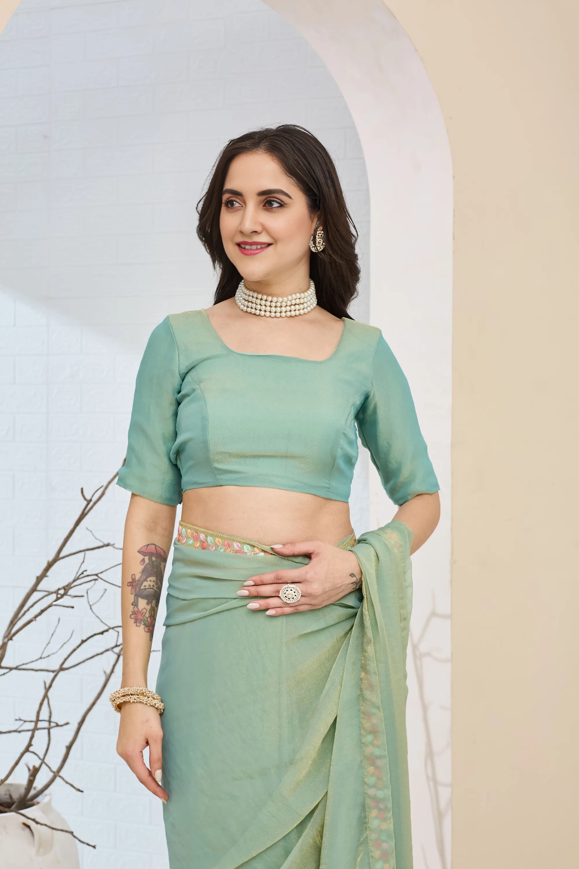 Blue Lace Silk Blend Ready To Wear Saree