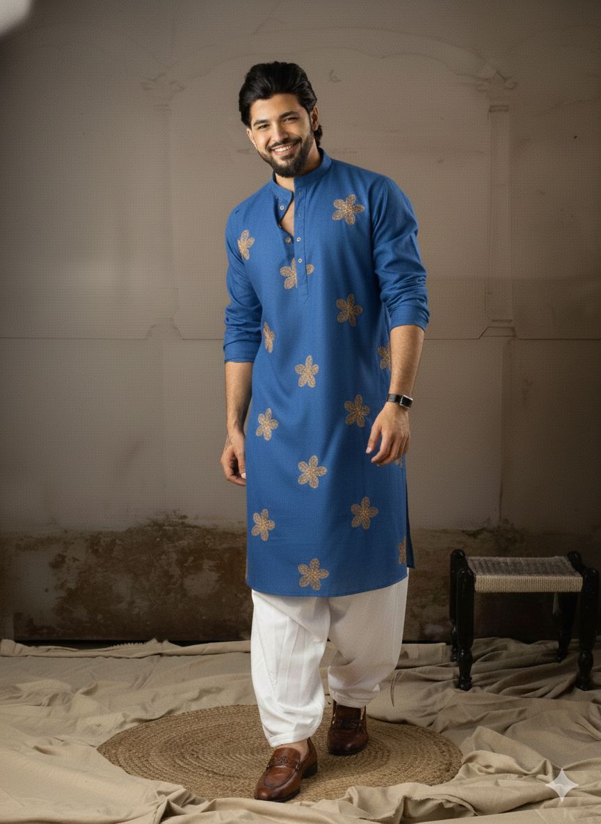 Blue Linen Embroidered Kurta Pyjama