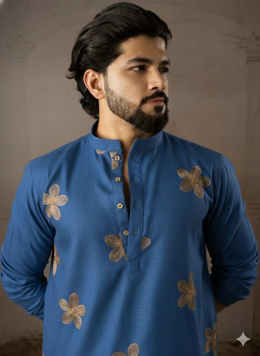 Blue Linen Embroidered Kurta Pyjama