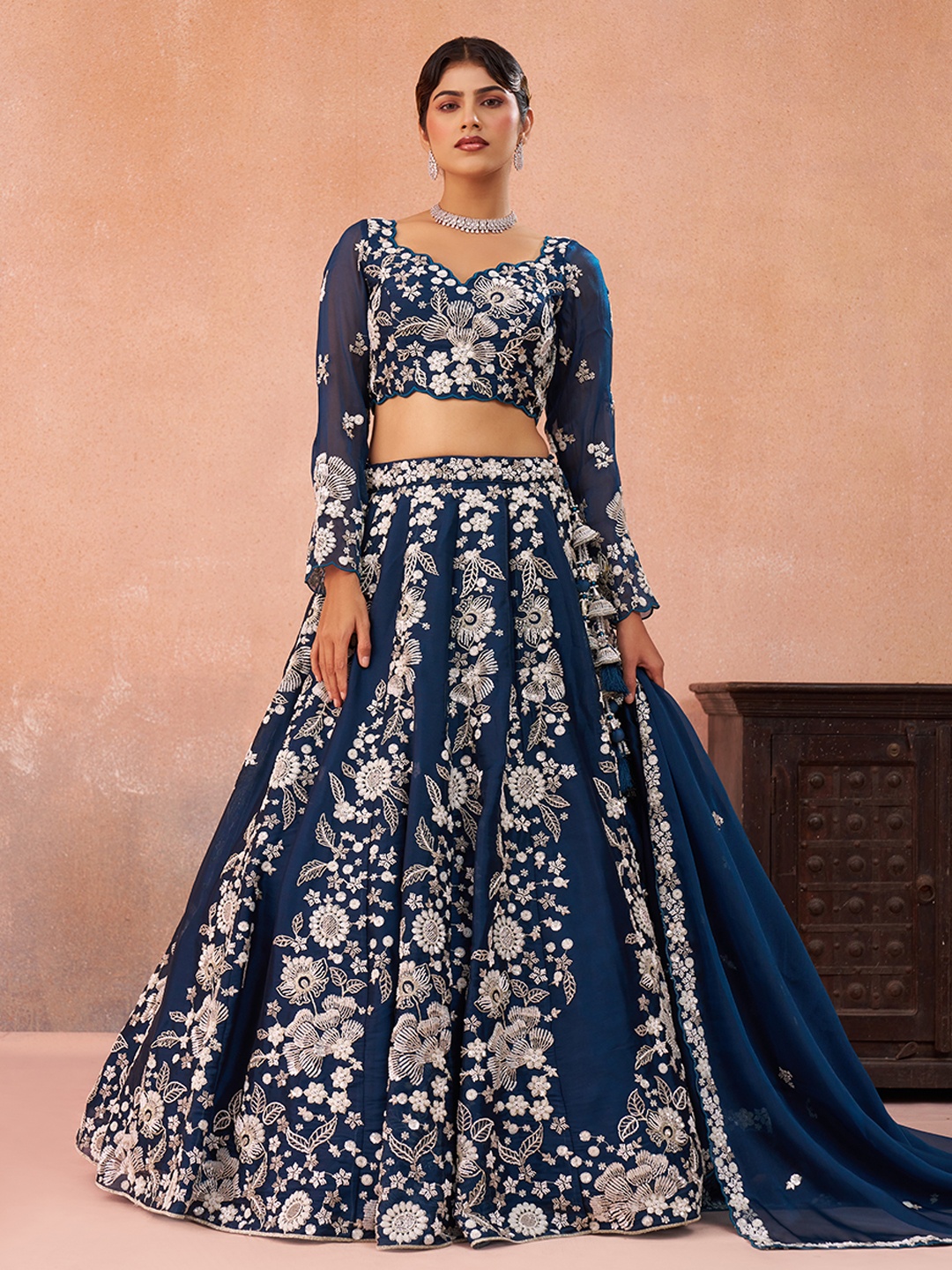 Blue Luxury Sequins Embroidered Organza Bridal Lehenga