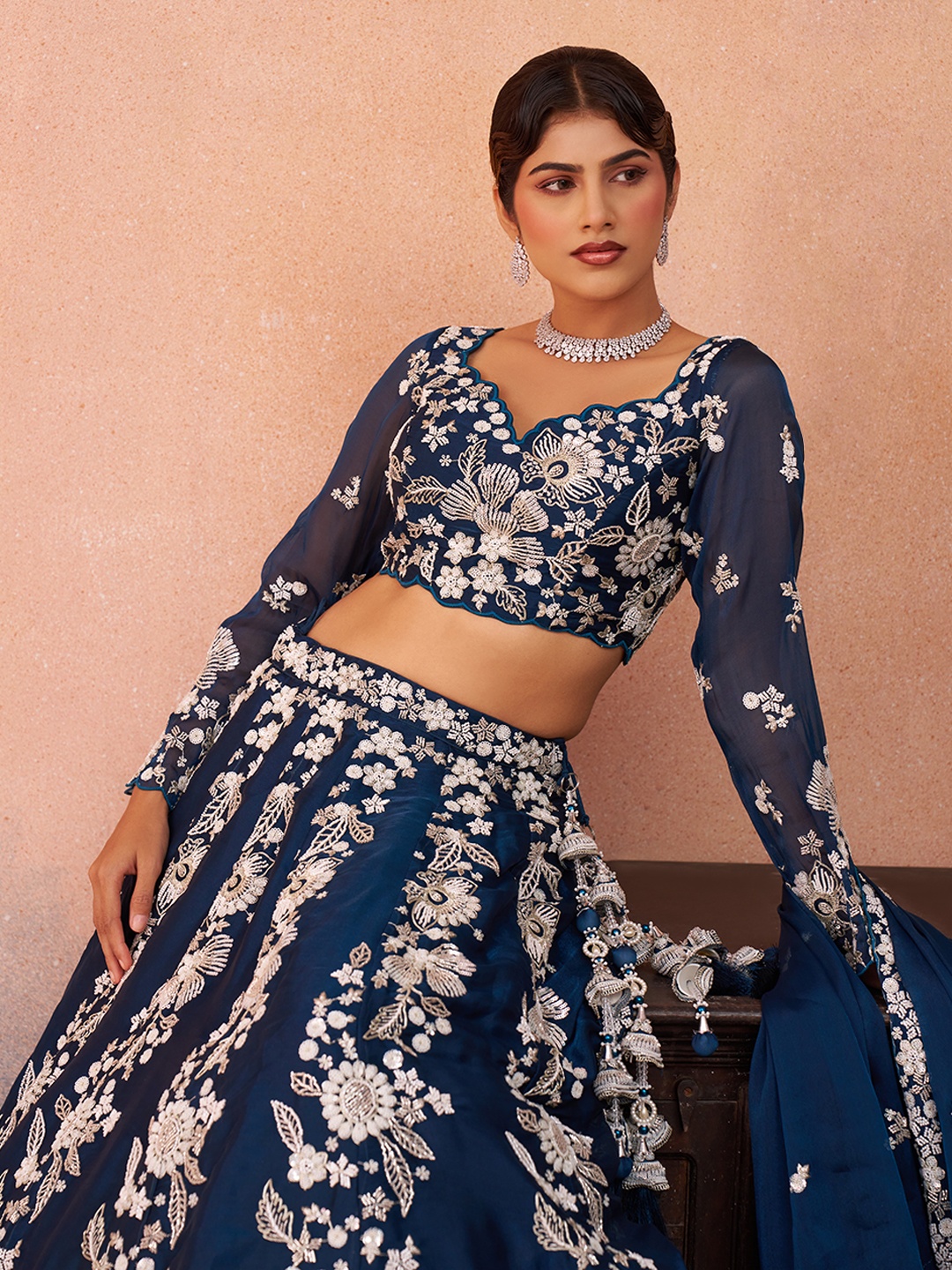 Blue Luxury Sequins Embroidered Organza Bridal Lehenga