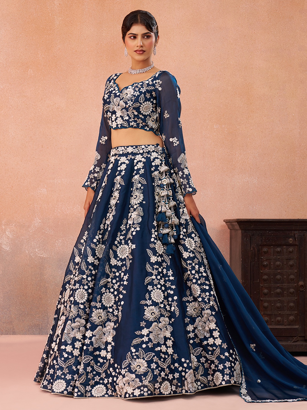 Blue Luxury Sequins Embroidered Organza Bridal Lehenga