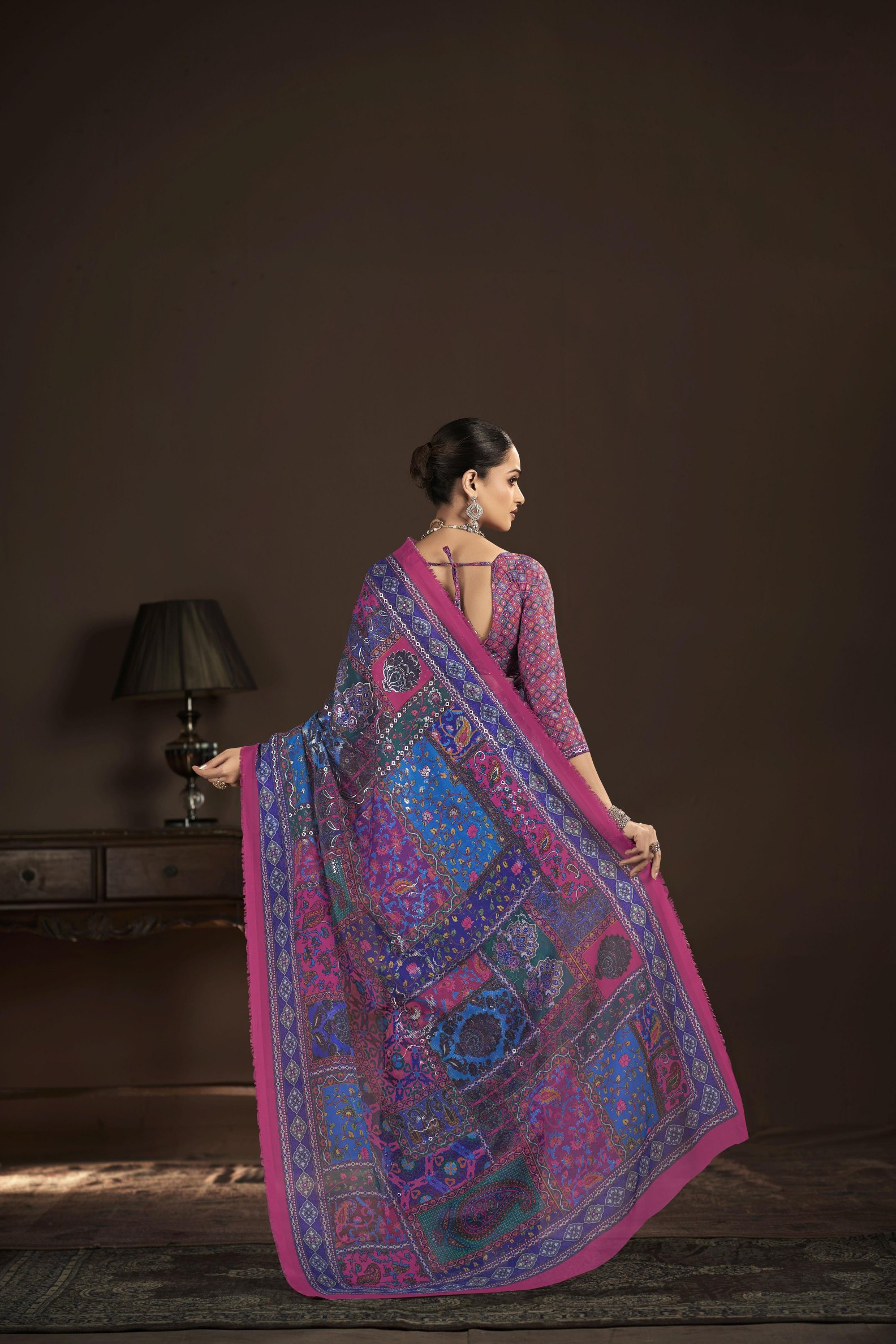 Blue Magenta Crepe Silk Foil Printed Saree — alternate view