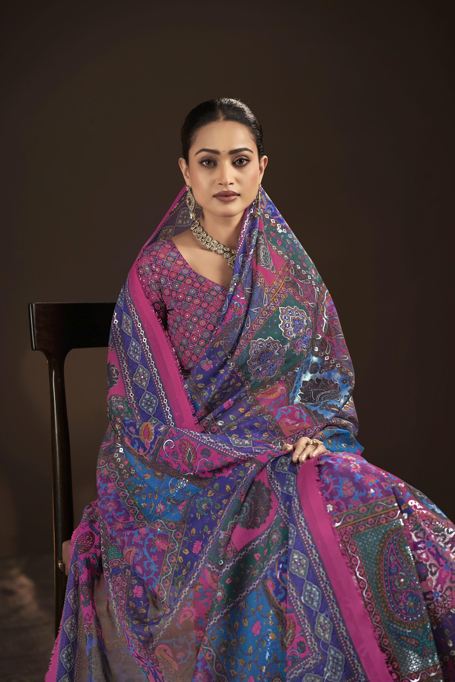 Blue Magenta Crepe Silk Foil Printed Saree