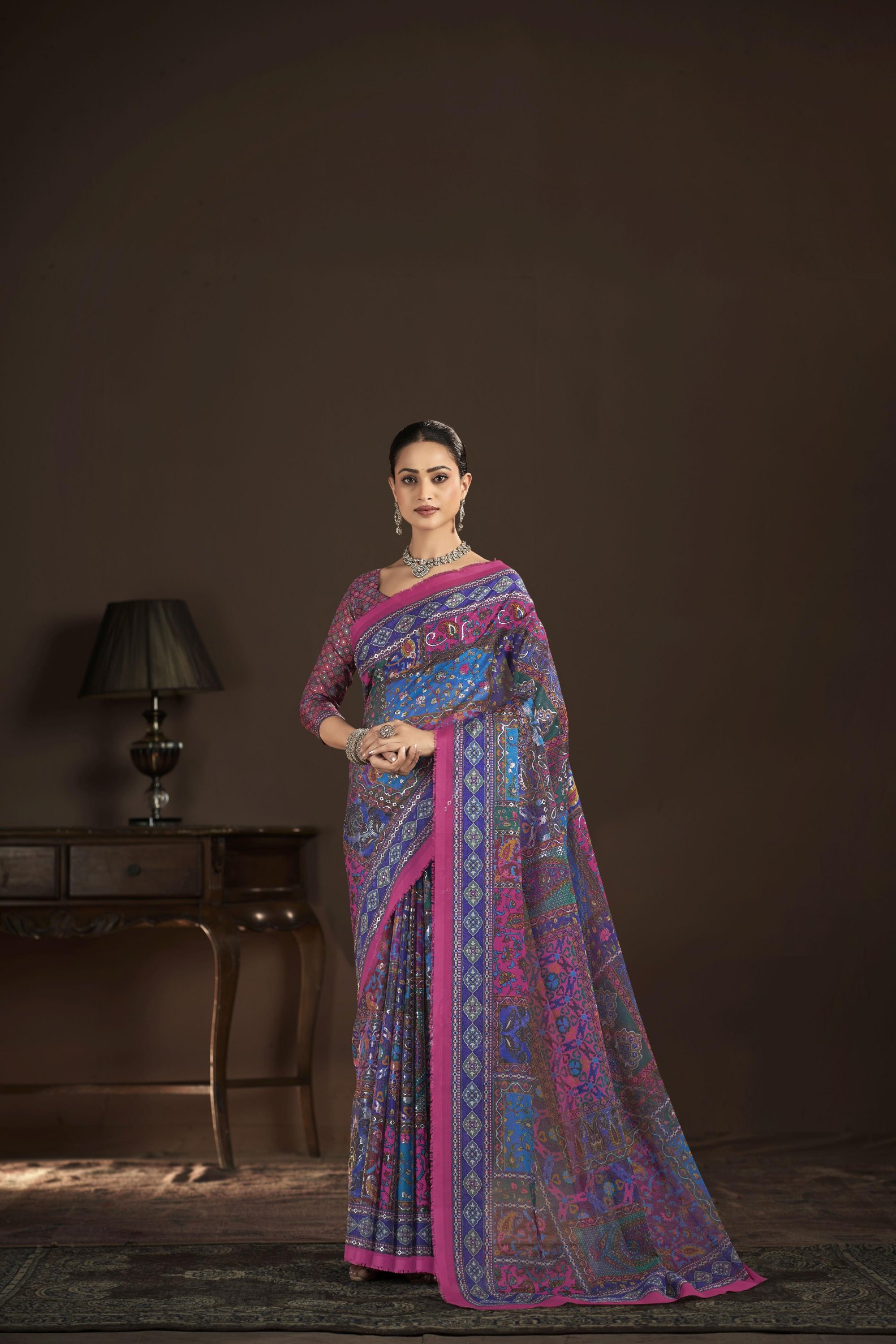 Blue Magenta Crepe Silk Foil Printed Saree