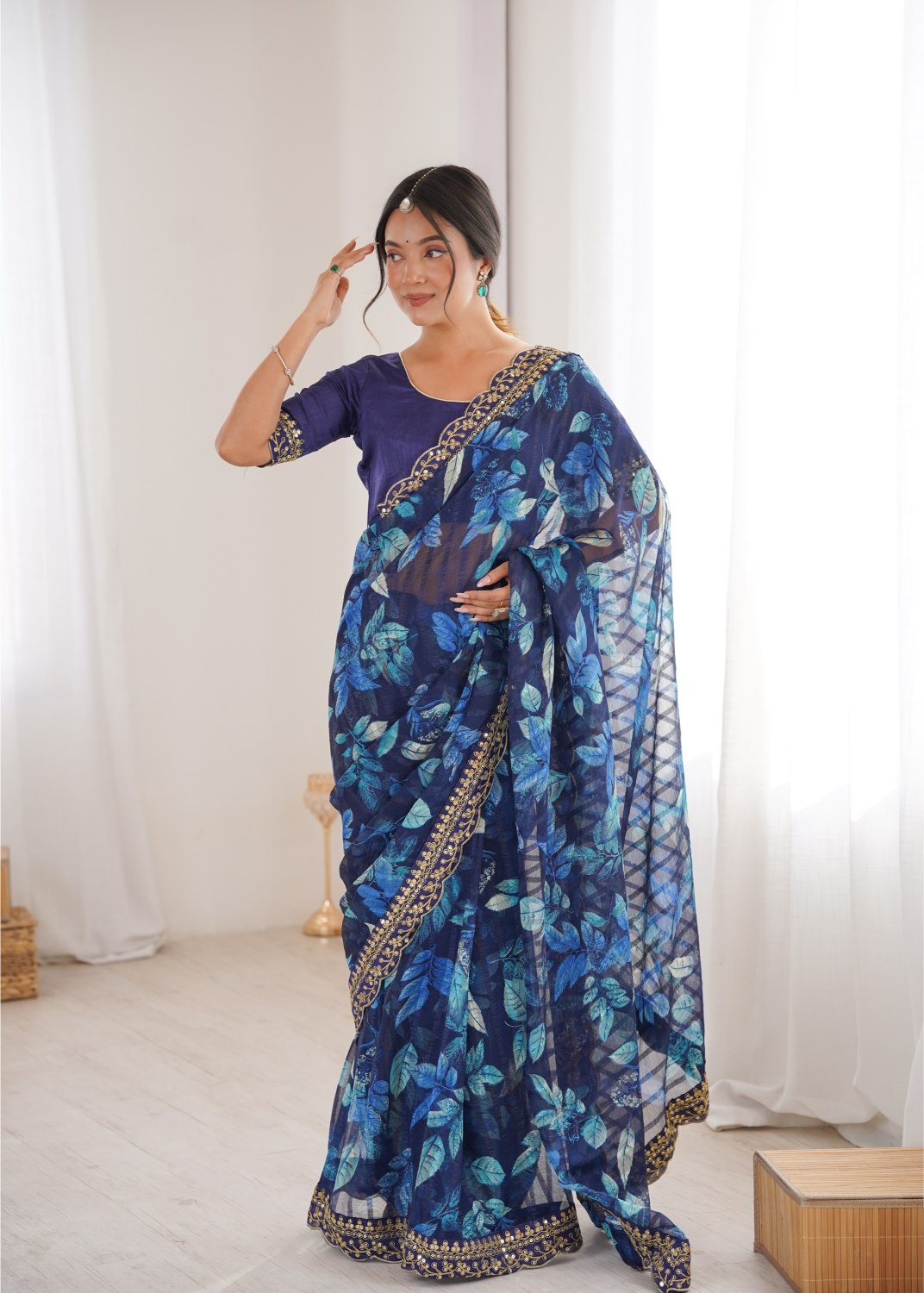 Blue Marble Patta Printed Embroidered Saree