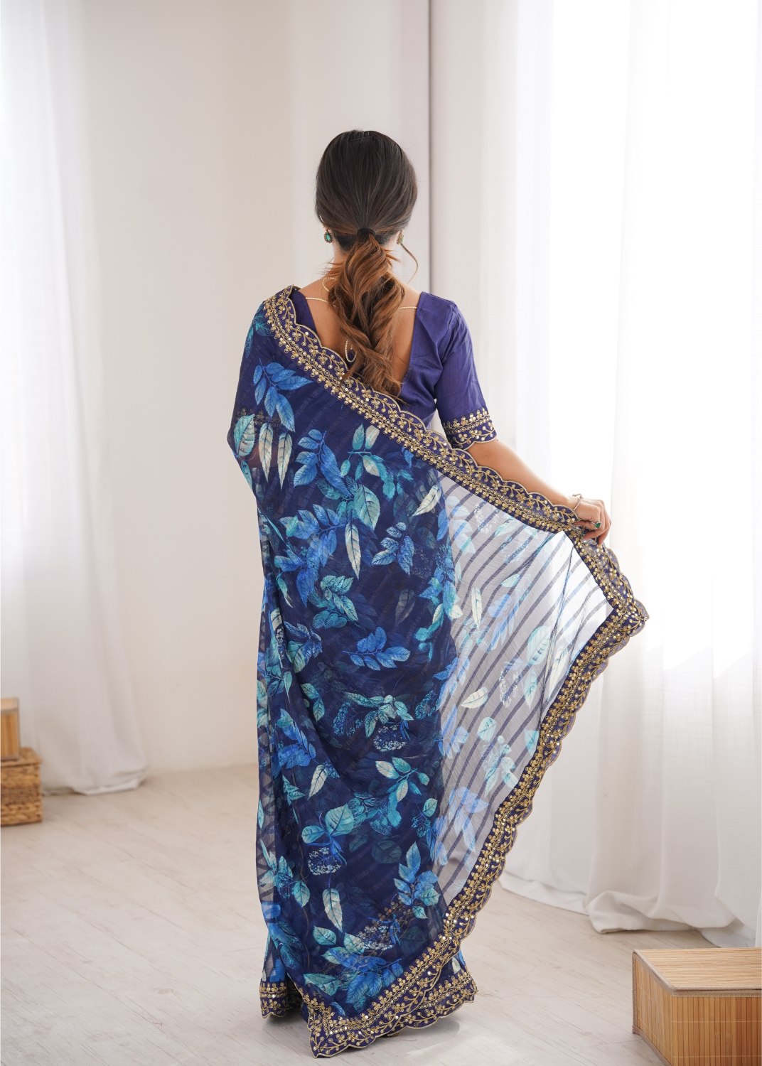 Blue Marble Patta Printed Embroidered Saree — alternate view