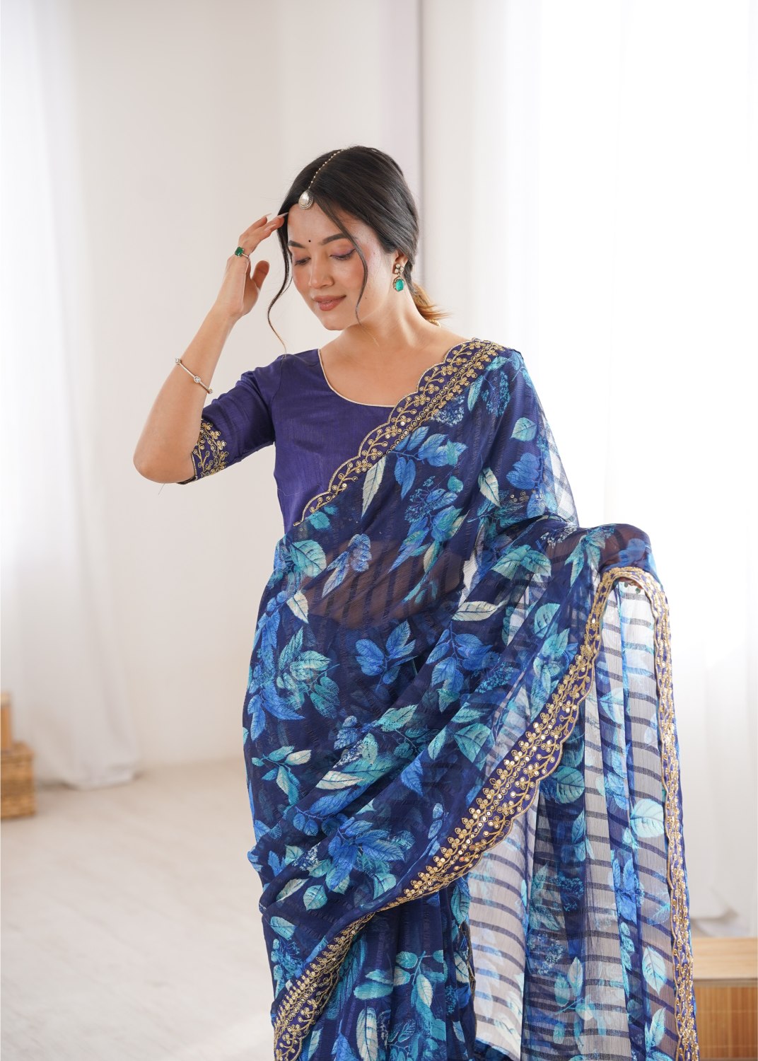 Blue Marble Patta Printed Embroidered Saree