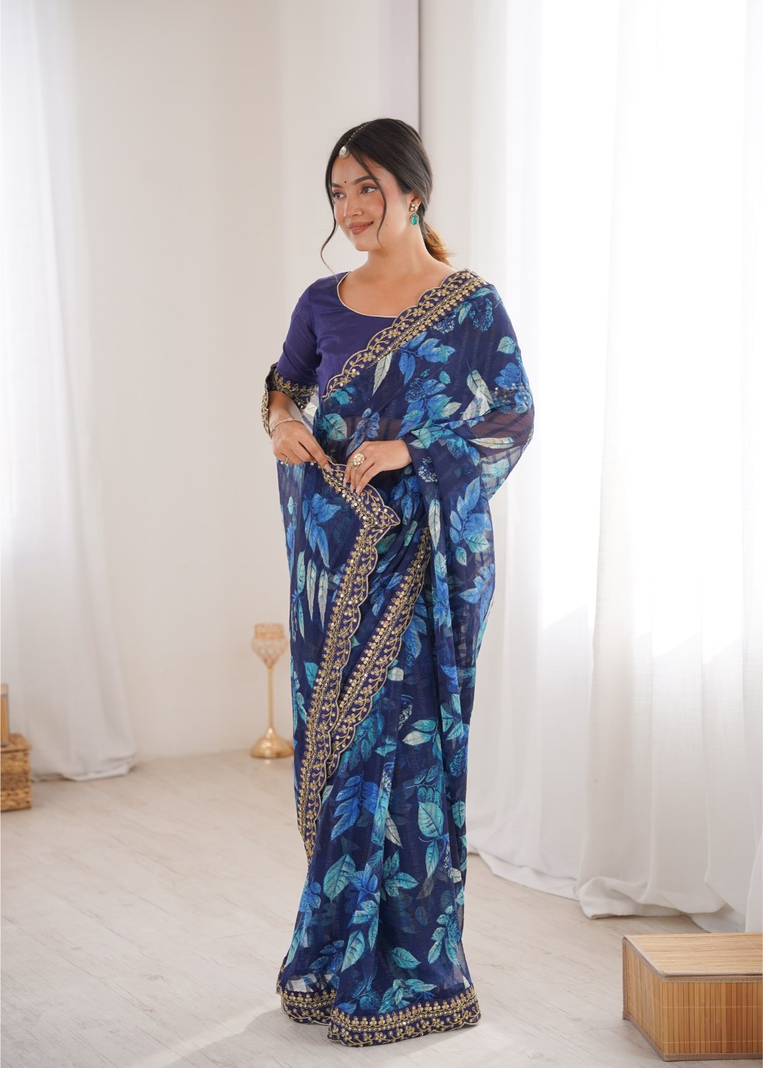 Blue Marble Patta Printed Embroidered Saree