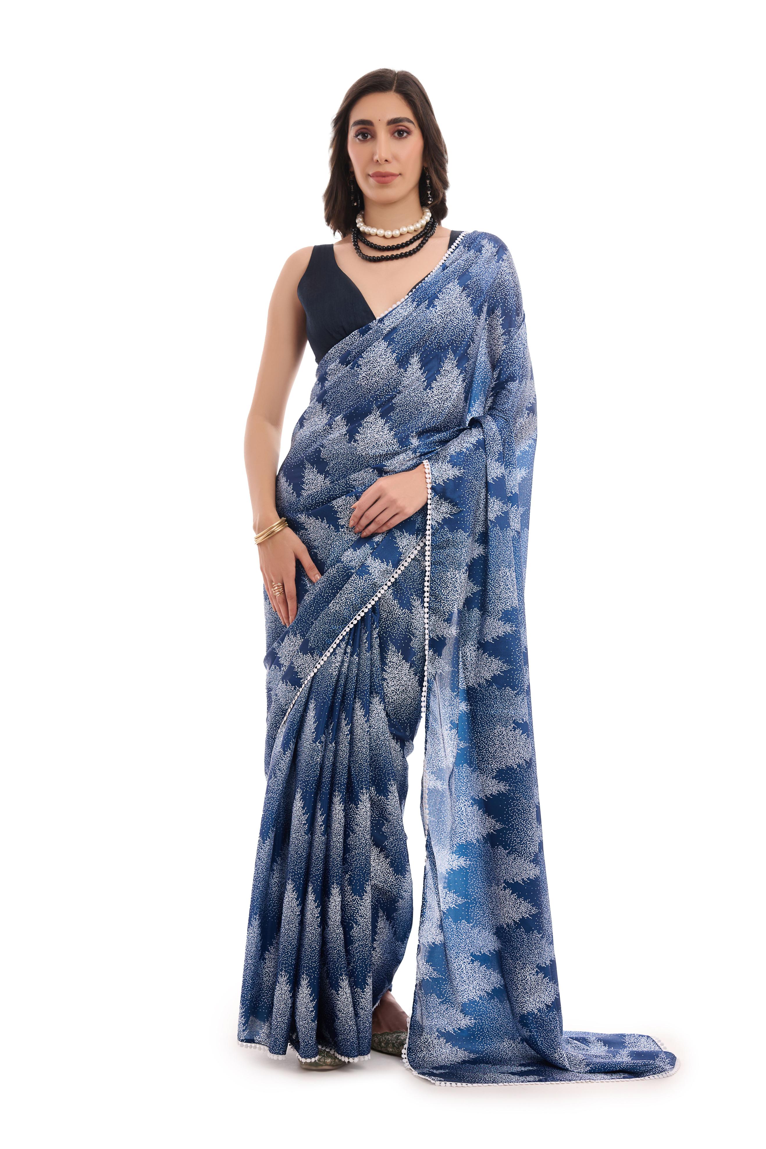 Blue Minimalist Printed Chinon Ready To Wear Saree
