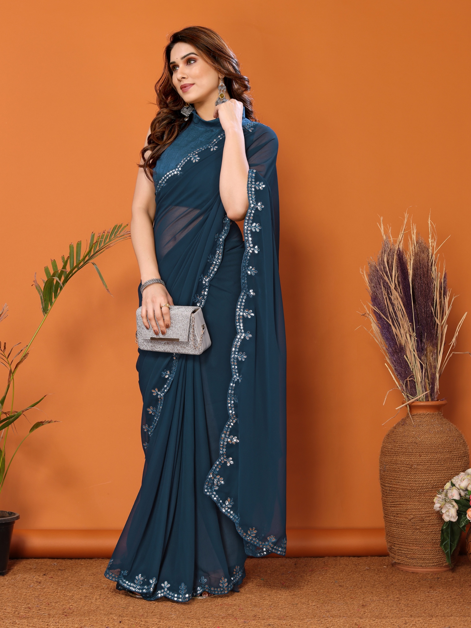 Blue Mirror Work Georgette Saree