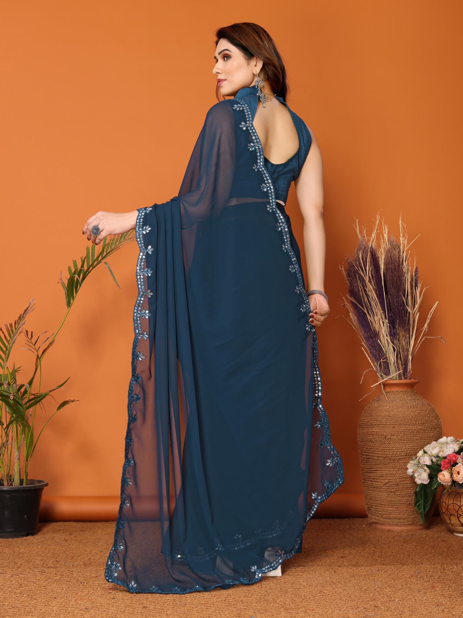 Blue Mirror Work Georgette Saree — alternate view