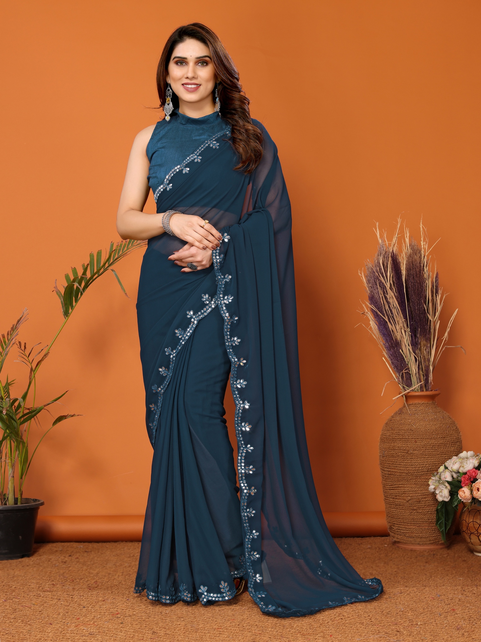Blue Mirror Work Georgette Saree