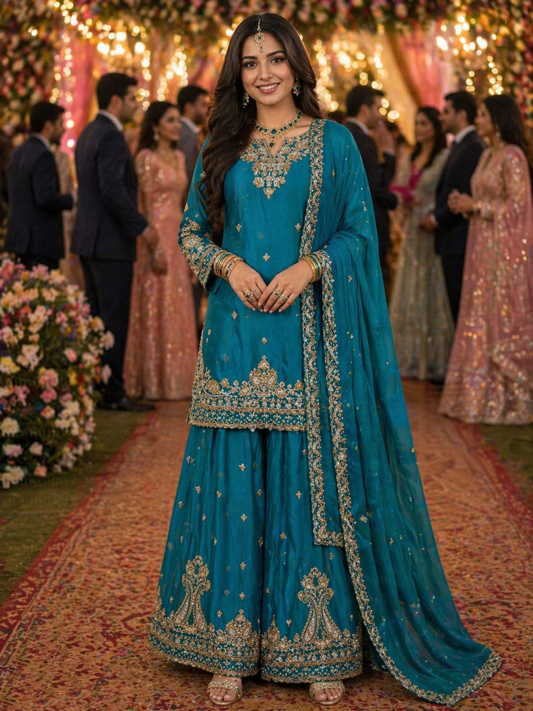 Blue Mughal Motif Zari Embroidery Chinon Sharara Suit