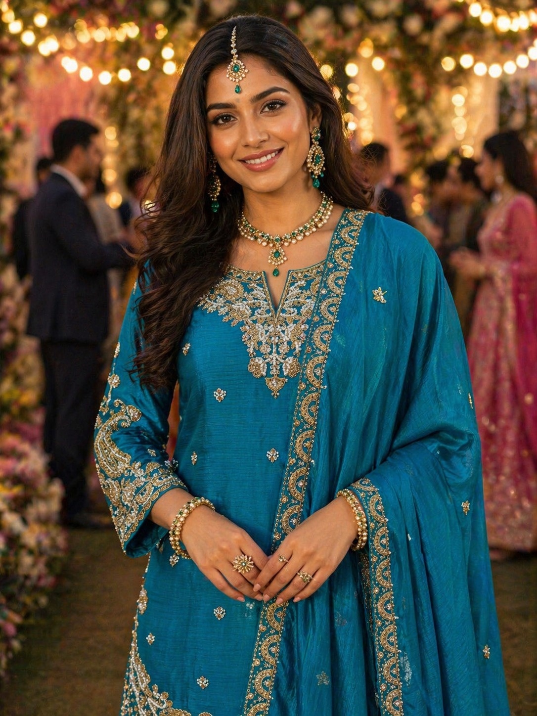 Blue Mughal Motif Zari Embroidery Chinon Sharara Suit