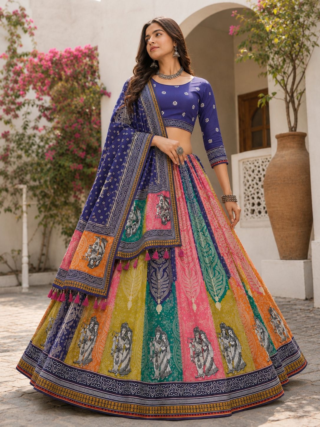 Blue Multi Designer Cotton Rayon Lehenga Choli