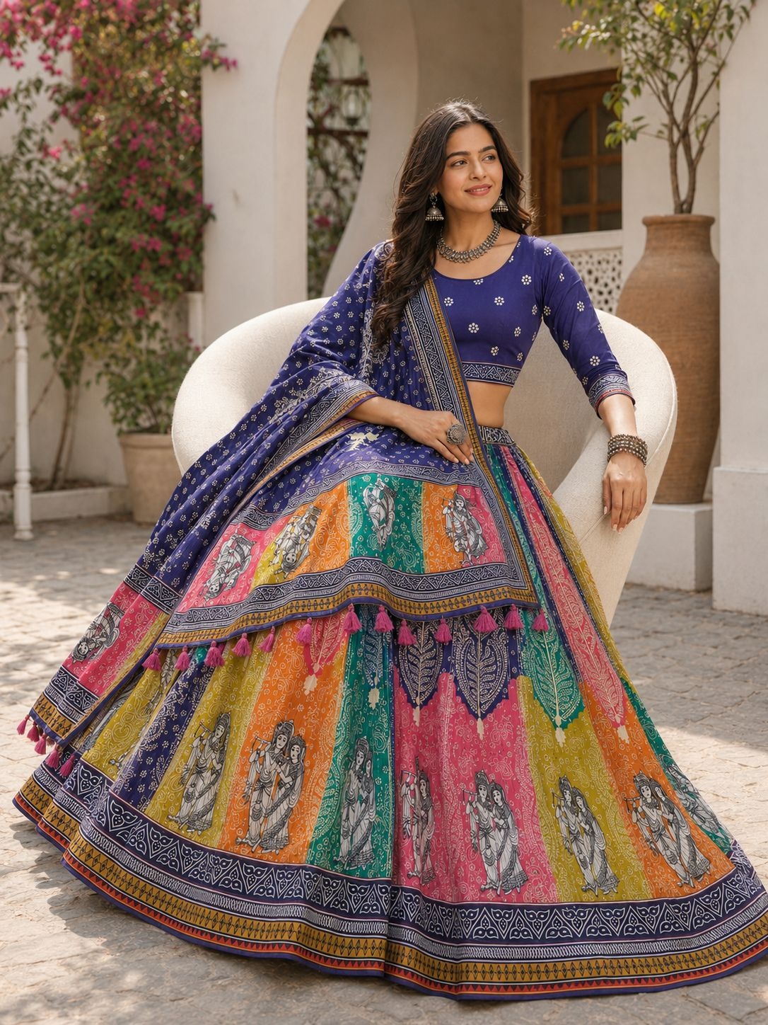 Blue Multi Designer Cotton Rayon Lehenga Choli