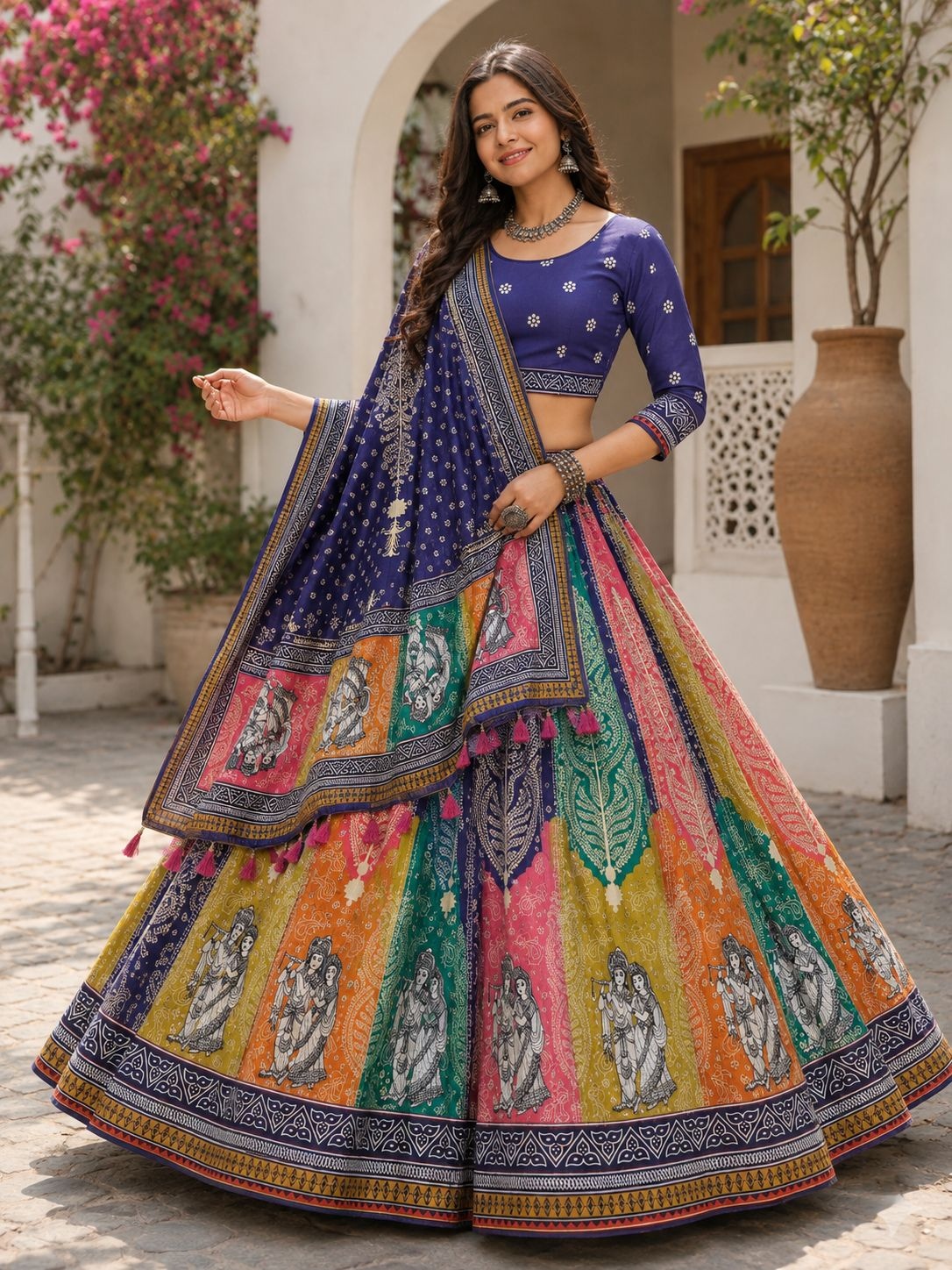 Blue Multi Designer Cotton Rayon Lehenga Choli