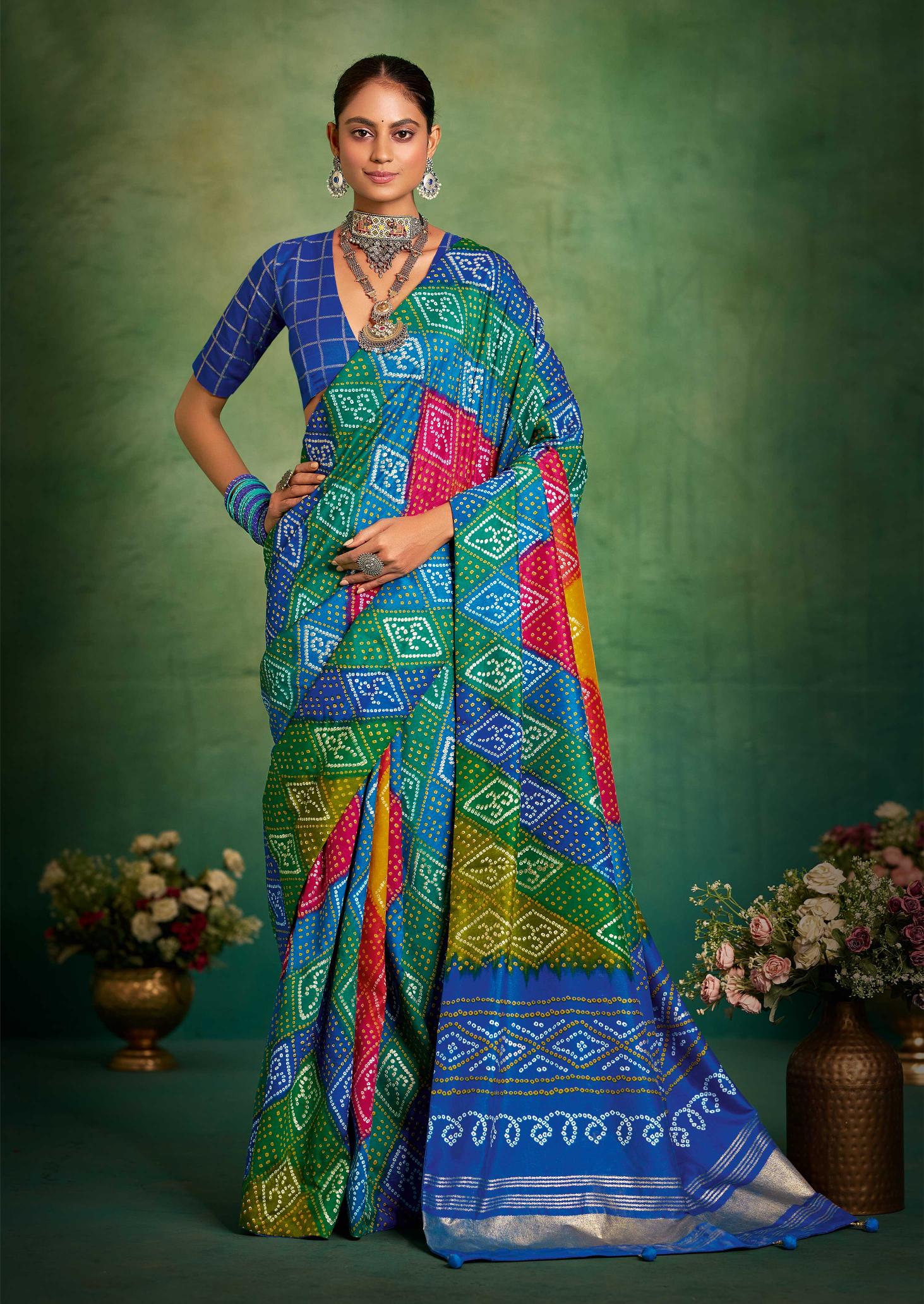 Blue Multi Velvet Tussar Silk Saree