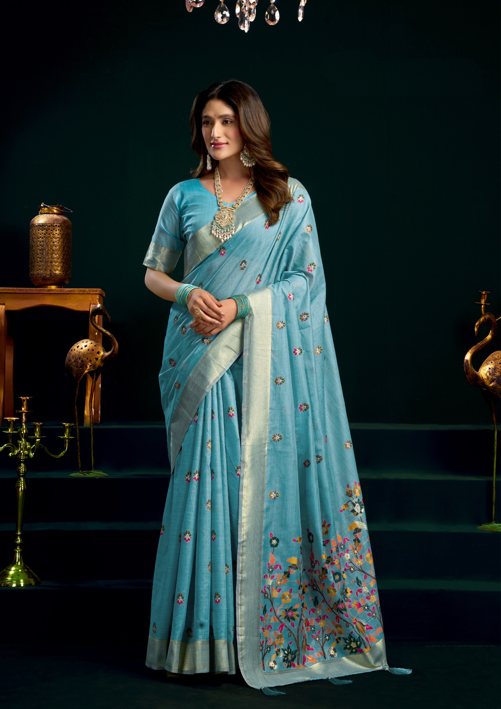 Blue Munga Cotton Butti Mina Zari Border Saree