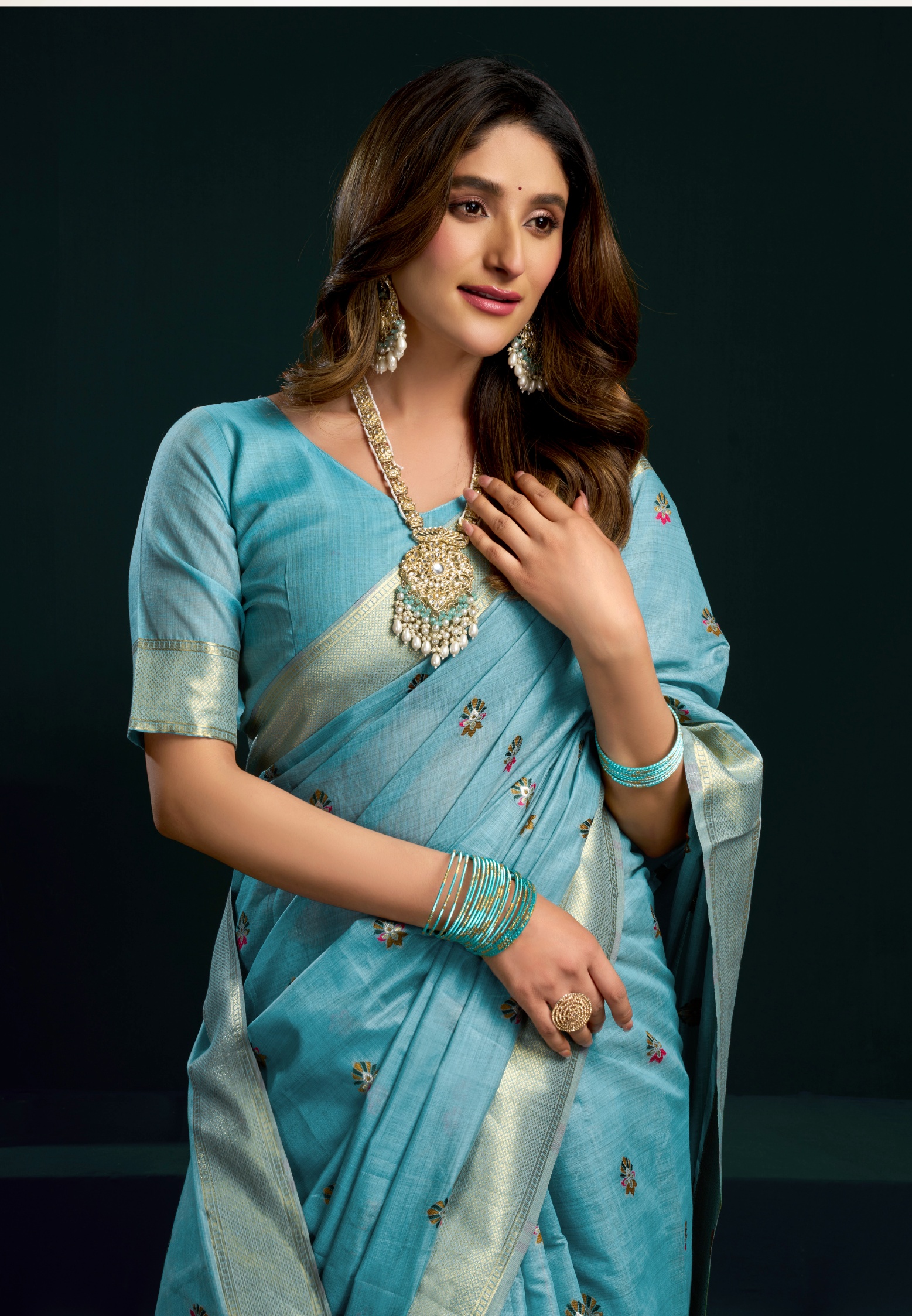 Blue Munga Cotton Butti Mina Zari Border Saree