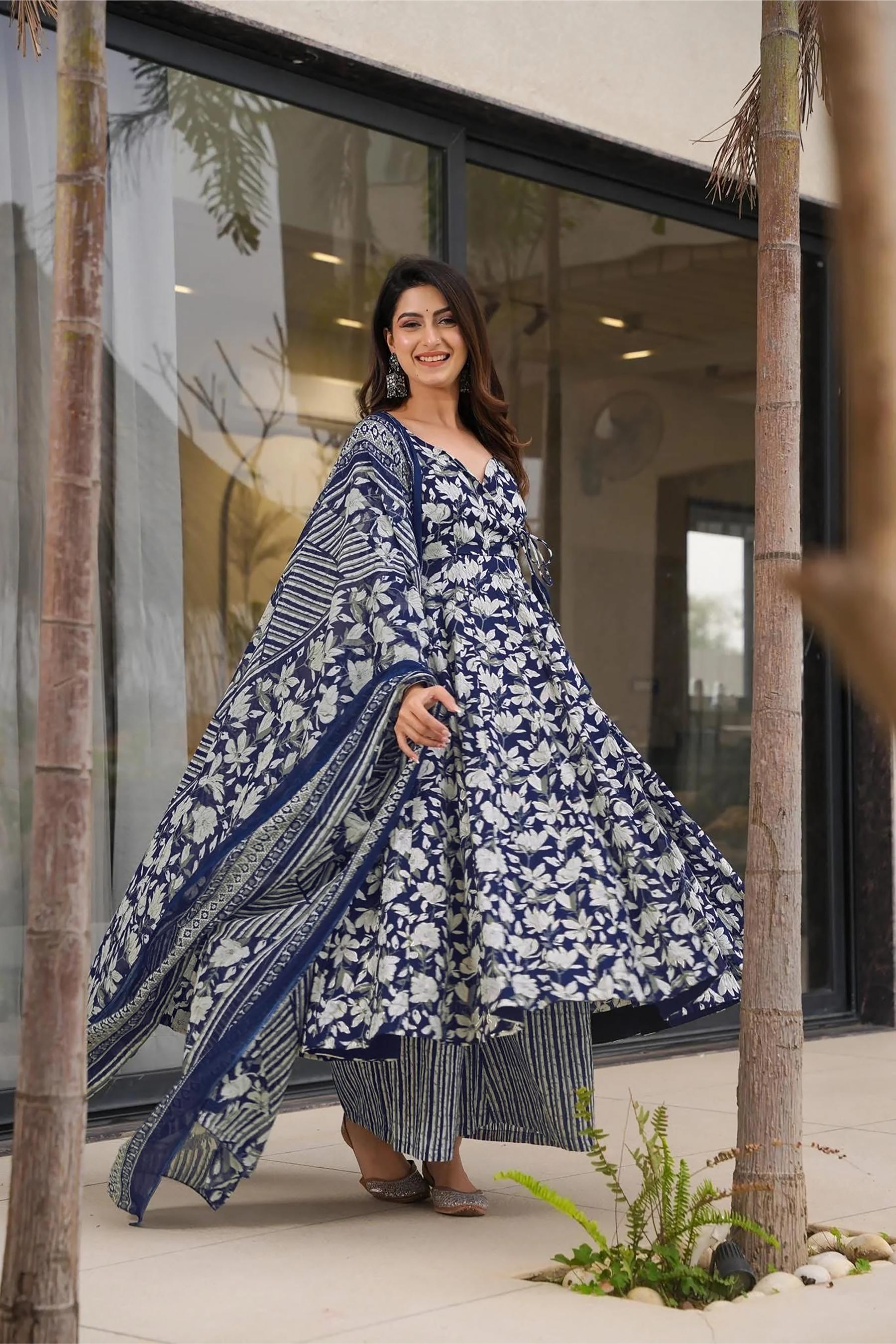Blue Muslin Digital Printed Palazzo Suit