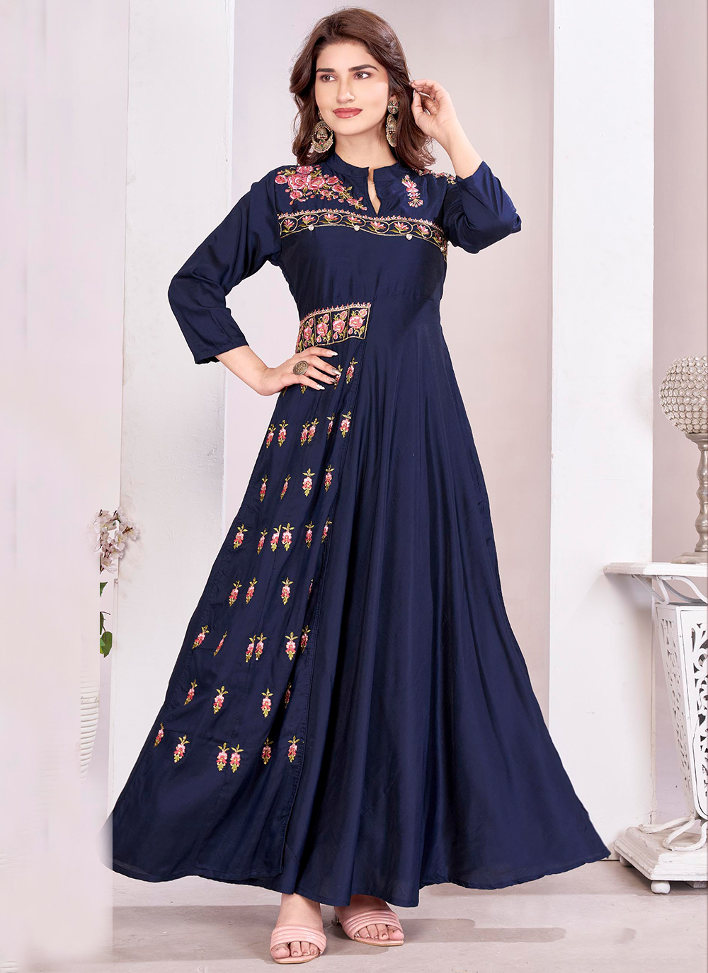 Blue Muslin Embroidered Readymade Gown