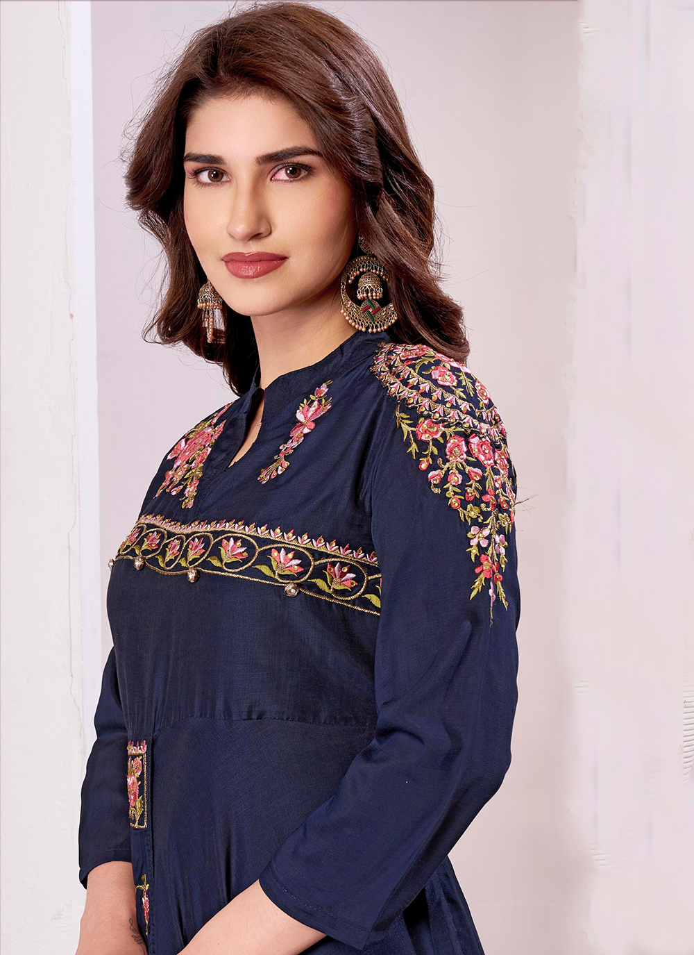 Blue Muslin Embroidered Readymade Gown — alternate view