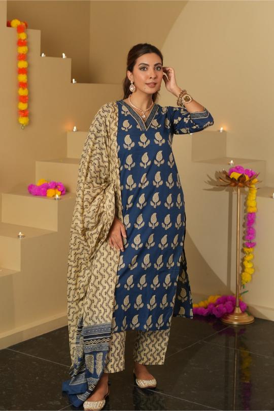 Blue N Beige Roman Readymade Suits