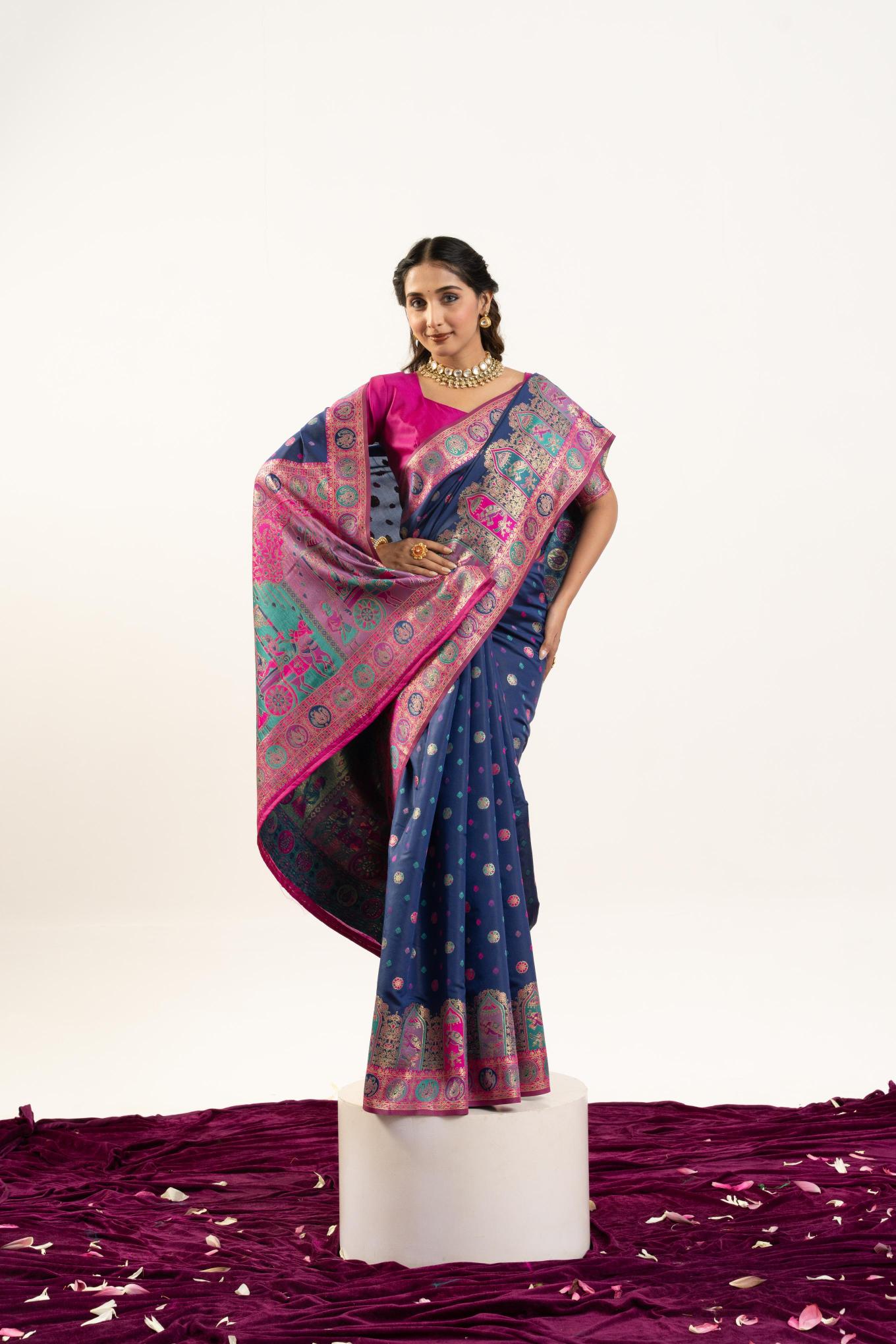 Blue N Pink Banarasi Pashmina Silk Saree